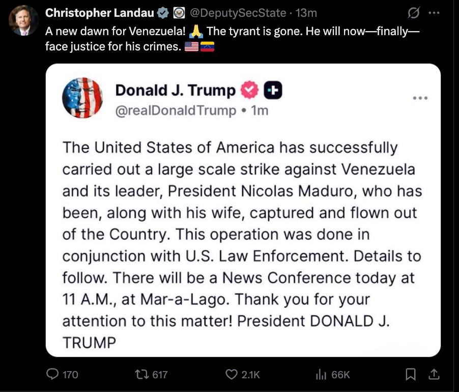 Замгоссекретаря США Кристофер Ландау после захвата американскими военными Мадуро заявил что тот предстанет перед судом за преступления