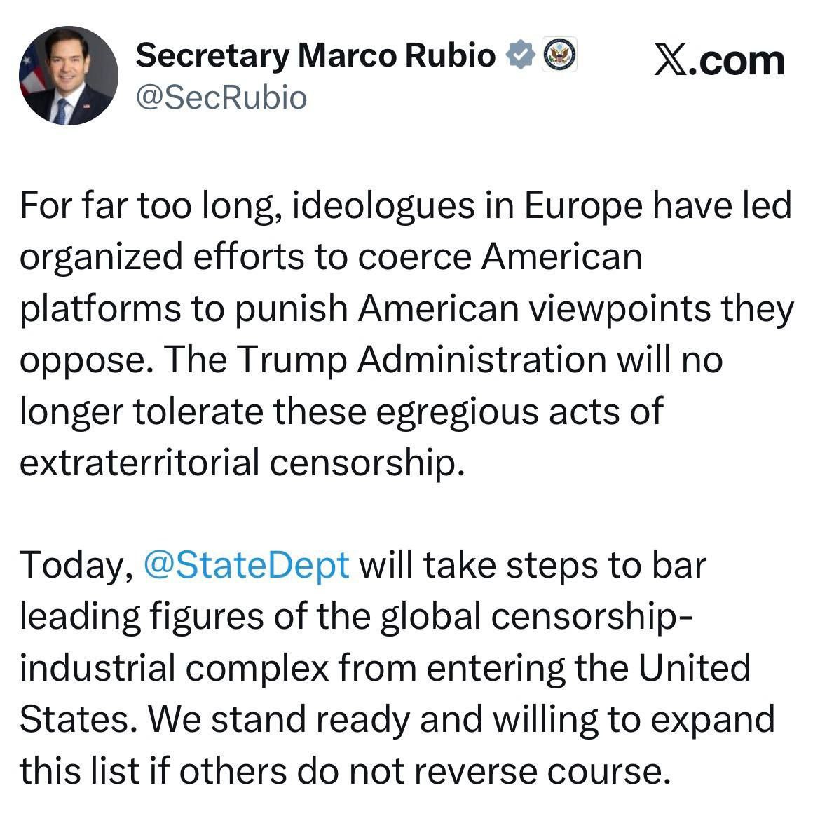 Администрация Трампа ввела визовые санкции в отношении экс комиссара ЕС за вопиющие акты цензуры Администрация Трампа ввела визовые санкции в отношении бывшего комиссара ЕС Тьерри Бретона и четырех других лиц за попытку заставить американские технологические компании контролировать политические высказывания на своих платформах Слишком долго идеологи в Европе организовывали усилия по принуждению американских платформ к наказанию за американскую точку зрения с которой они не согласны Администрация Трампа больше не будет терпеть эти вопиющие акты экстерриториальной цензуры написал госсекретарь Марко Рубио на платформе X   Рубио добавил что официальные лица США готовы и желают расширить этот список если другие не изменят свой курс сообщает Bloomberg Подпишись на primulinmd