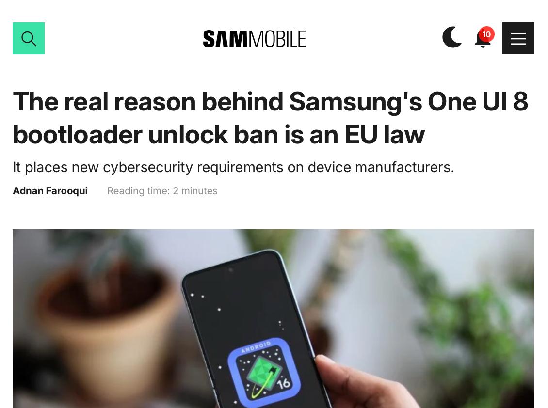 ЕС ограничил кастомизацию Android  В Евросоюзе принято новое законодательство, согласно которому с 1 августа производители обязаны блокировать загрузчики на смартфонах. Samsung, в ответ на эти требования, начала ограничивать установку стороннего программного обеспечения, что также повлияло и на другие регионы.  Теперь пользователи больше не смогут устанавливать кастомные прошивки и ядра, которые раньше продлевали жизнь устройствам после завершения официальной поддержки.  ————————————————   - Канал про тренды из мира IT, технологий, нейросетей и бизнеса.