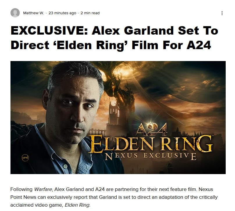 По Elden Ring снимут ФИЛЬМ — за съемки отвечает культовая студия А24. Режиссёром проекта станет Алекс Гарланд — создатель фильмов «Падение Империи», «Из машины», «Под огнём», а также сценарист «28 дней спустя». Производство стартует уже в 2026 году. Будем ждать 2 часа отборных болот Миядзаки UPD: Nexus Point News удалили новость, так что делим инфу на 1000.