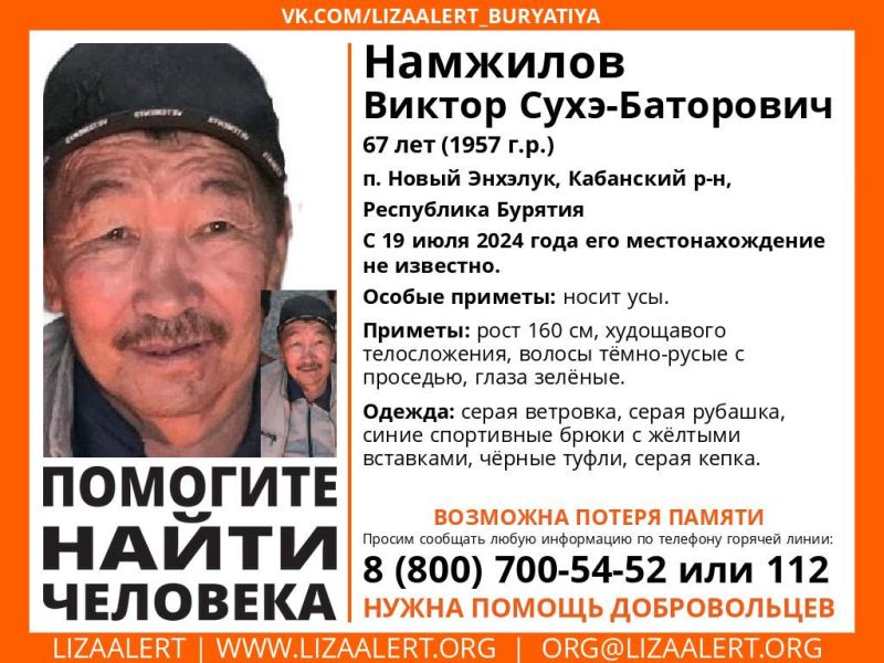В Бурятии ищут мужчину, пропавшего почти год назад Поисковый отряд «Лиза Алерт» сообщил о розыске 56-летнего жителя села Новый Энхалук Виктора Намжилова. Он пропал еще в июле 2024 года. Возможно, мужчина страдает потерей памяти. Для его поисков нужна помощь добровольцев. #Бурятия Подробности в «Номер один» Сообщить нам свою новость можно по кнопке: Письмо в редакцию