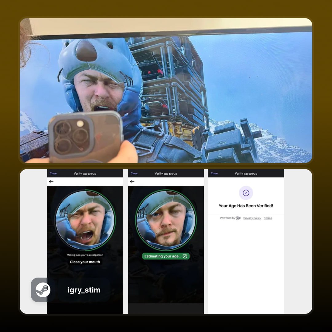 Discord ввёл проверку возраста по фото — школьники обошли систему в первый же день  С 25 июля в Великобритании теперь нельзя просто ставить галочку «Мне есть 18». Нужно селфи с открытым и закрытым ртом    Некоторые пользователи решили протестить другой вариант — взяли Сэма Бриджеса из Death Stranding, настроили ему рот и «хакнули систему»  Переиграны Кодзимой      Steam Игры   Чата