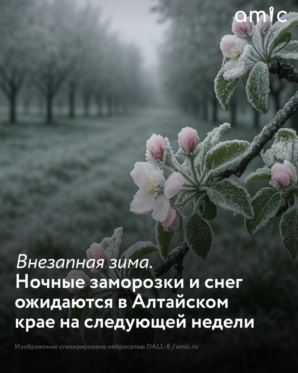 Ночные заморозки ударят по Алтайскому краю на следующей неделе В ночь на 28 мая столбики термометров опустятся до -5 градусов, а местами может образоваться снежный покров, рассказала amic.ru начальник отдела по гидрометеорологическому обеспечению регионального Гидрометцентра Людмила Сырых. Согласно текущему прогнозу регионального Гидрометцентра, в ночь на 26 мая ожидается похолодание до +4...9 градусов. Небольшие, местами умеренные, в предгорье местами сильные дожди, грозы. Ветер северный 3-8 м/с, местами порывы до 16 м/с. Днем воздух прогреется до +17 градусов, а на большей части территории пройдут небольшие, местами в восточных и предгорных районах умеренные дожди. Возможен град. Ветер северный 6-11 м/с, местами порывы до 16 м/с.