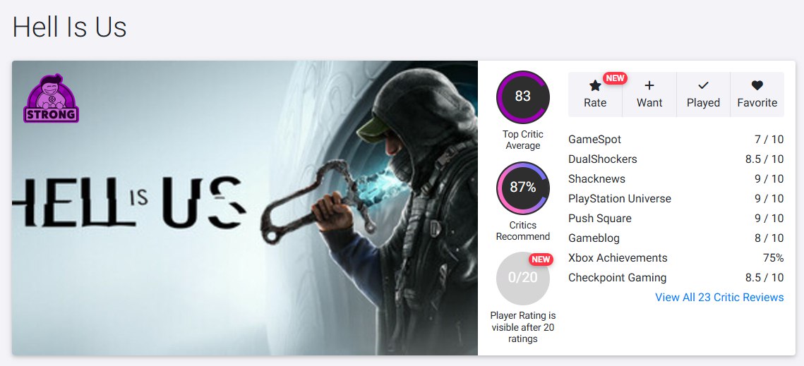 Hell Is Us дебютировала с 83 баллами на OpenCritic и 76 на MetaCritic Оценки от изданий Push Square 9 10 The Nerd Stash 8 5 10 Gameblog 8 10 Play Watch Read 8 10 GamesRadar 8 10 TheXboxHub 4 5 Xbox Achievements 75 Gameliner 3 5 5 GameFM 7 10 Gamespot 7 10 PidorasBlog IGN 7 10 Eurogamer 3 5 С одной стороны Hell Is Us называют одним из самых оригинальных и атмосферных проектов года Критики отмечают насыщенный лор мрачный мир продуманные головоломки и увлекательное исследование без карт и подсказок Для многих игра стала свежим опытом с крутым саундтреком и визуалом С другой критикуют однообразных врагов шероховатости камеры и слишком резкий финал Некоторые рецензенты отмечают медленный старт эмоциональную сухость и чрезмерную строгость игры которая отказывается водить за ручку Из за этого часть аудитории может так и не почувствовать того самого погружения