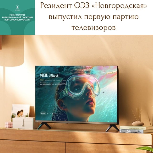 На рынок поступила партия «умных» телевизоров, выпущенных в Особой экономической зоне «Новгородская»  Как сообщает министерство инвестиционной политики региона, в линейке представлены QLED-модели с диагоналями 32 и 43 дюйма. «Теперь высокое качество изображения с яркими цветами и точной передачей оттенков можно получить даже на самых маленьких диагоналях и по доступной цене», - добавляет пресс-служба ОЭЗ. Телевизоры Sber работают под управлением отечественной ОС «Салют ТВ», обеспечивающей голосовое управление, возможность настройки безопасного детского профиля, а также «умный» поиск, который помогает найти нужный фильм, даже если пользователь не помнит его название.  Фоном для новости стало четырехлетие особой экономической зоны, отмечавшееся накануне: ОЭЗ была создана 8 июля 2021 года. За это время ее резидентами стали 14 компаний с общим заявленным объемом инвестиций 39,4 млрд рублей, уже создавшие более 600 новых рабочих мест. ОЭЗ «Новгородская» функционирует в рамках приоритетного регионального проекта «Формирование и развитие в Новгородской области современной инфраструктуры для субъектов инвестиционной и предпринимательской деятельности».