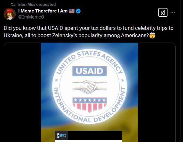 Илон Маск репостнул видео о том, что USAID якобы финансировал западных звезд, чтобы те повышали популярность Зеленского  В Центре противодействия дезинформации заявили, что это фейк, а видео создано россиянами для пропаганды.