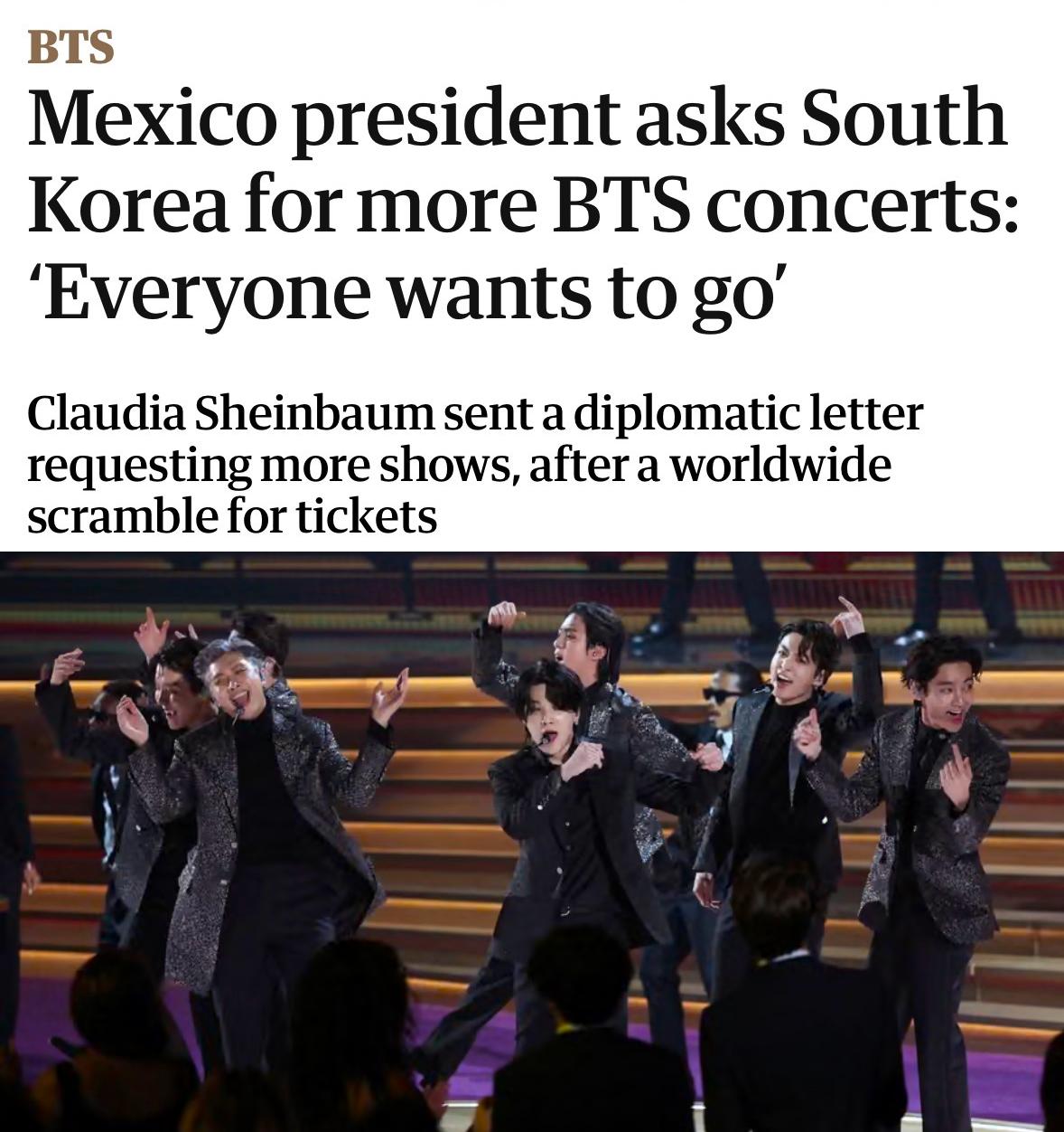 Мем дня президент Мексики написала официальное дипломатическое письмо властям Южной Кореи с просьбой уговорить BTS провести больше концертов в стране После 4 летнего перерыва группа возвращается с мировым туром В мае пройдет три шоу в Мехико и билеты на них раскупили за 40 минут после старта продаж Видимо успели не все Чего не сделаешь ради любимых айдолов