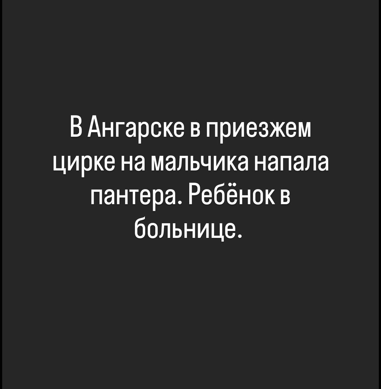 Пантера из приезжего цирка напала на 3-летнего мальчика в Ангарске  Инцидент случился 28 октября на одном из представлений. Как рассказала мама пострадавшего, в цирк мальчика привёз его отец. По договорённости с администрацией заведения, гости собирались сделать несколько фотографий с пантерой. В какой-то момент дикая кошка напала на ребёнка, причинив ему ранения головы и ноги. В настоящее время мальчик находится в больнице. Angarsk38.ru     - подпишись на телеграм канал нашего Ангарска #ангарск