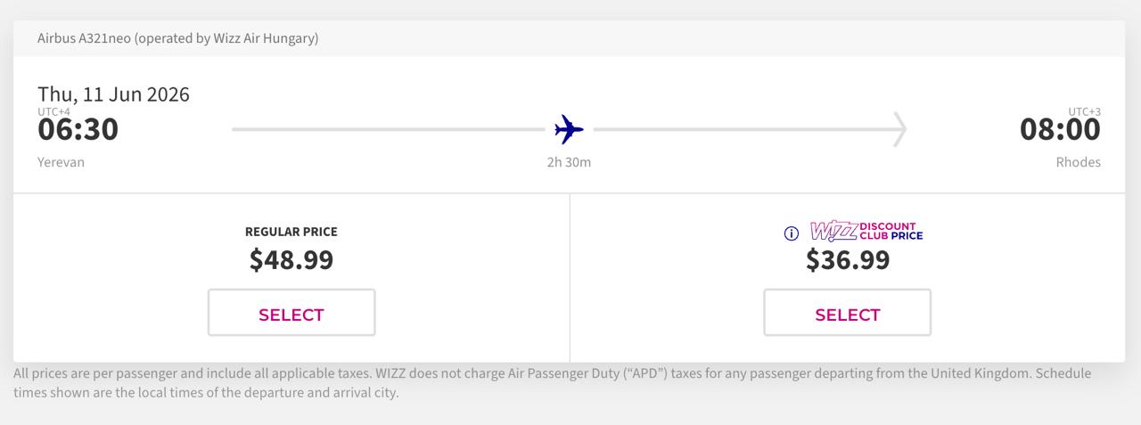 Россияне смогут летать на остров Родос через Ереван С 7 июня Wizz Air запускает рейсы из Еревана на Родос по четвергам и воскресеньям Время в пути 2 часа 30 минут Билеты на сайте авиакомпании от 48 евро в одну сторону tipical vizovik