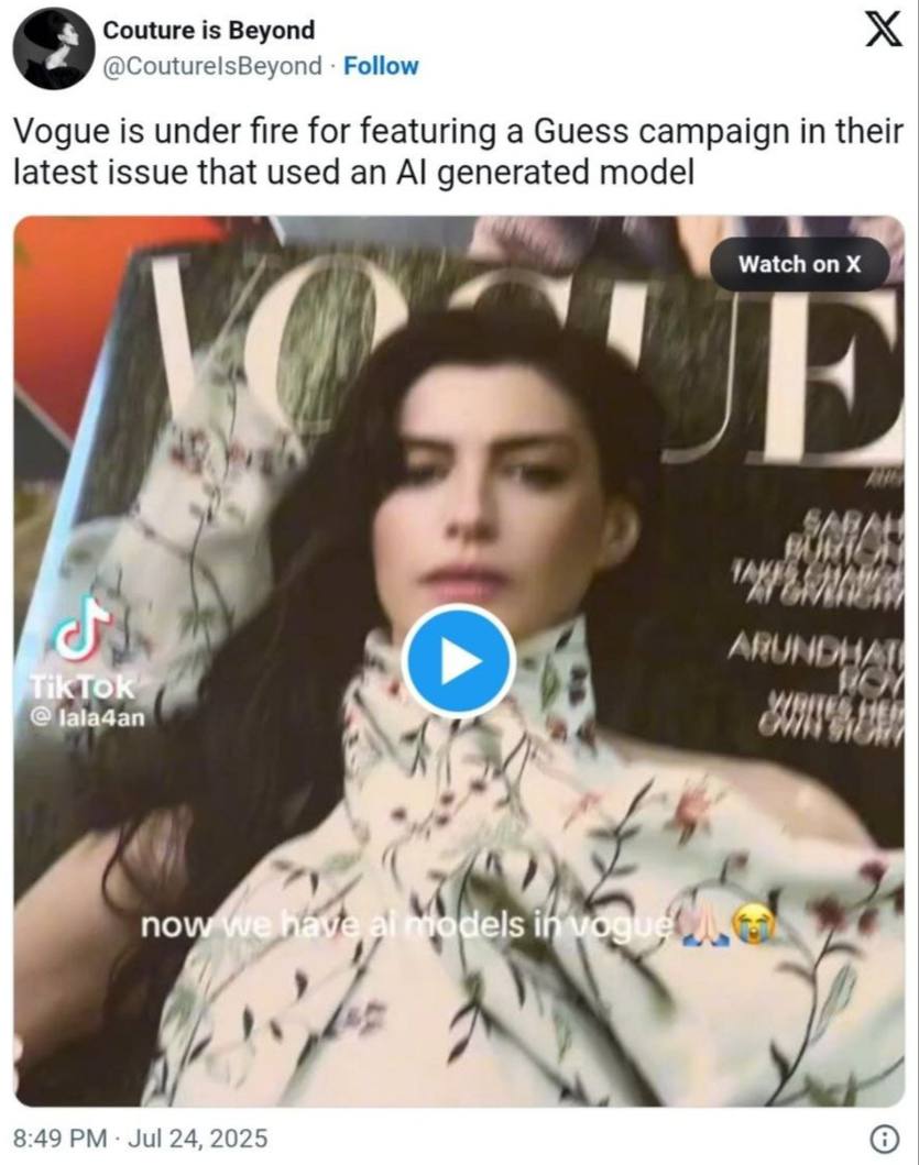 Как ИИ‑модель разрушила доверие читателей Vogue В одном из выпусков журнала Vogue 2025 впервые показали модель, полностью сгенерированную ИИ Издательство Vogue отметило, что появление ИИ-модели — не редакционное решение, а часть рекламной кампании Guess Мелкая надпись под фото гласит: Seraphinne Vallora on AI! Многие читатели восприняли это как «предательство духа модного глянца». Некоторые уже отменили подписку на Vogue после выхода номера с ИИ-моделью! А что думаете вы? — выглядит эффектно, какая разница? — стрём