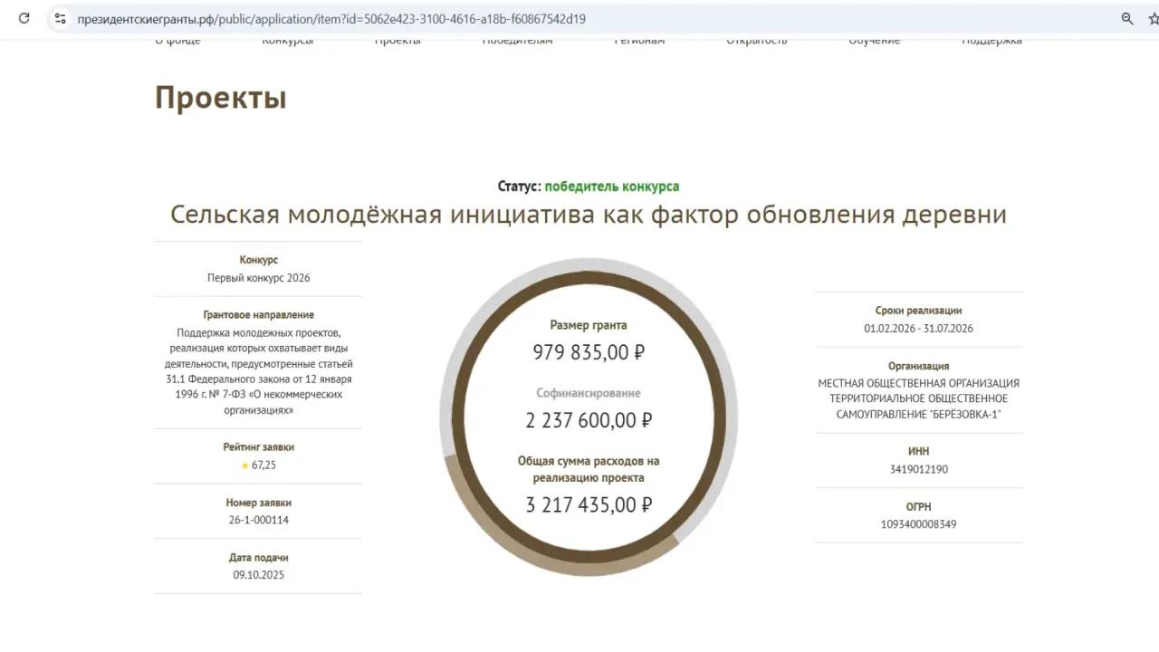 Победители конкурса определены 15 января на заседании Координационного комитета которое провел первый заместитель Руководителя Администрации Президента Сергей Кириенко На гранты претендовали 9 310 проектов из всех регионов страны Победителями стали 1 469 социально ориентированных некоммерческих организаций проекты которых преодолели определенный Координационным комитетом порог для запросов до 1 млн рублей 63 балла от 1 до 5 млн рублей 68 от 5 до 15 млн рублей 70 свыше 15 млн рублей 71 балл На реализацию этих проектов Фонд президентских грантов направит 4 млрд 885 млн рублей Это самая большая сумма распределенная за один конкурс за все время работы фонда Стоит отметить что 370 организаций побеждают в конкурсе впервые Средний размер гранта 3 3 млн рублей В число регионов лидеров по количеству поддержанных проектов вошли Санкт Петербург Нижегородская и Челябинская области Волгоградская область поддержано 20 проектов Новоаннинский район победу одержал 1 проект МОО ТОС Березовка 1
