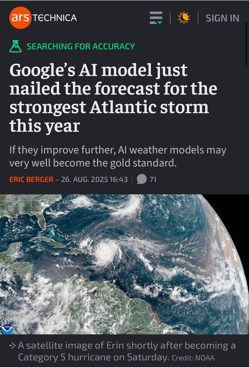 Модель искусственного интеллекта Google точно спрогнозировала самый сильный шторм в Атлантике в этом году Внутреннее тестирование показывает что прогнозы нашей модели относительно траектории и интенсивности циклона столь же точны а зачастую и точнее чем современные физические методы заявили в компании С точки зрения траектории модель Google не только превзошла официальный прогноз траектории от Национального центра по наблюдению за ураганами но и превзошла ряд физических моделей которые составляют глобальные прогнозы а также модели предназначенные для конкретных ураганов