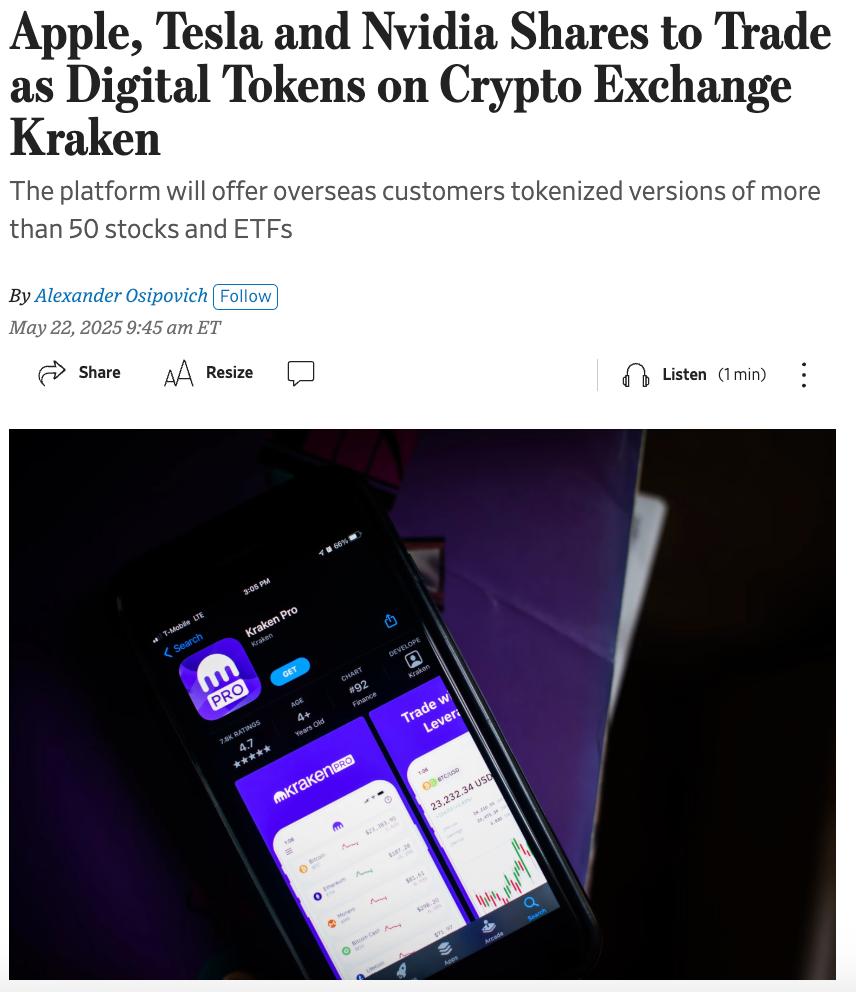 Kraken запускает токенизированные акции на Solana WSJ пишет: скоро на бирже появятся токенизированные бумаги Apple, Tesla и Nvidia — торговать ими можно будет 24/7 прямо на Solana. В списке — более 50 акций и ETF в виде токенов. Изучаем Solana-экосистему и готовимся тут