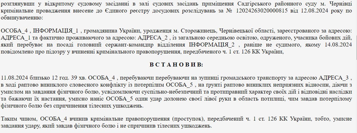 Суд оштрафовал сотрудника ТЦК на 850 грн за избиение мужчины во время попытки вручения повестки.  Об этом говорится в приговоре Садгорского районного суда Черновцов.  Сообщается, что сотрудник ТЦК при попытке вручить повестку вступил в словесный спор с потерпевшим, после чего ударил ладонью по затылку мужчины.   Обвиняемый свою вину признал полностью. Суд признал сотрудника ТЦК виновным в совершении уголовного нарушения и назначил наказание в 850 гривен штрафа.  Сайт "Страна"   X/Twitter   Прислать новость/фото/видео   Реклама на канале   Помощь