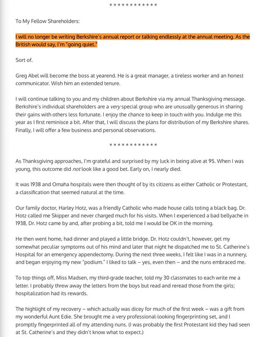 Уоррен Баффет объявил о завершении участия в годовых отчетах Berkshire Hathaway Баффет сообщил что больше не будет готовить традиционные годовые отчеты компании и выступать на ежегодной встрече акционеров Это важное заявление подчеркивает изменение формата взаимодействия инвестора с акционерами BRKA investing investing