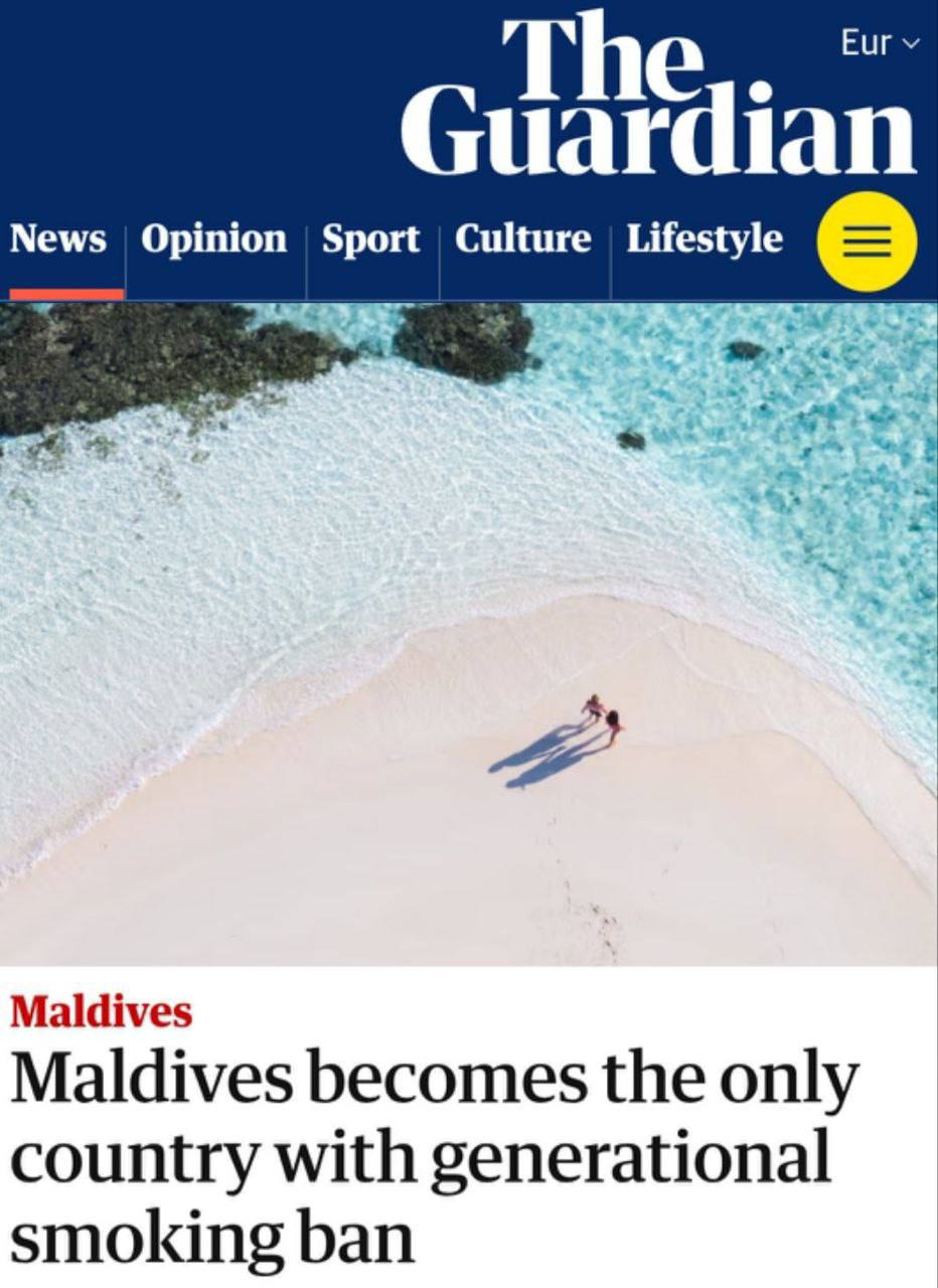 Мальдивы стали первой страной где ввели пожизненный запрет на курение пишет The Guardian Меры распространят на всех рожденных после 1 января 2007 года это касается и туристов Кроме того сохраняется полный запрет на электронные сигареты и вейпы для всех независимо от возраста Читать SputnikТj в MAX
