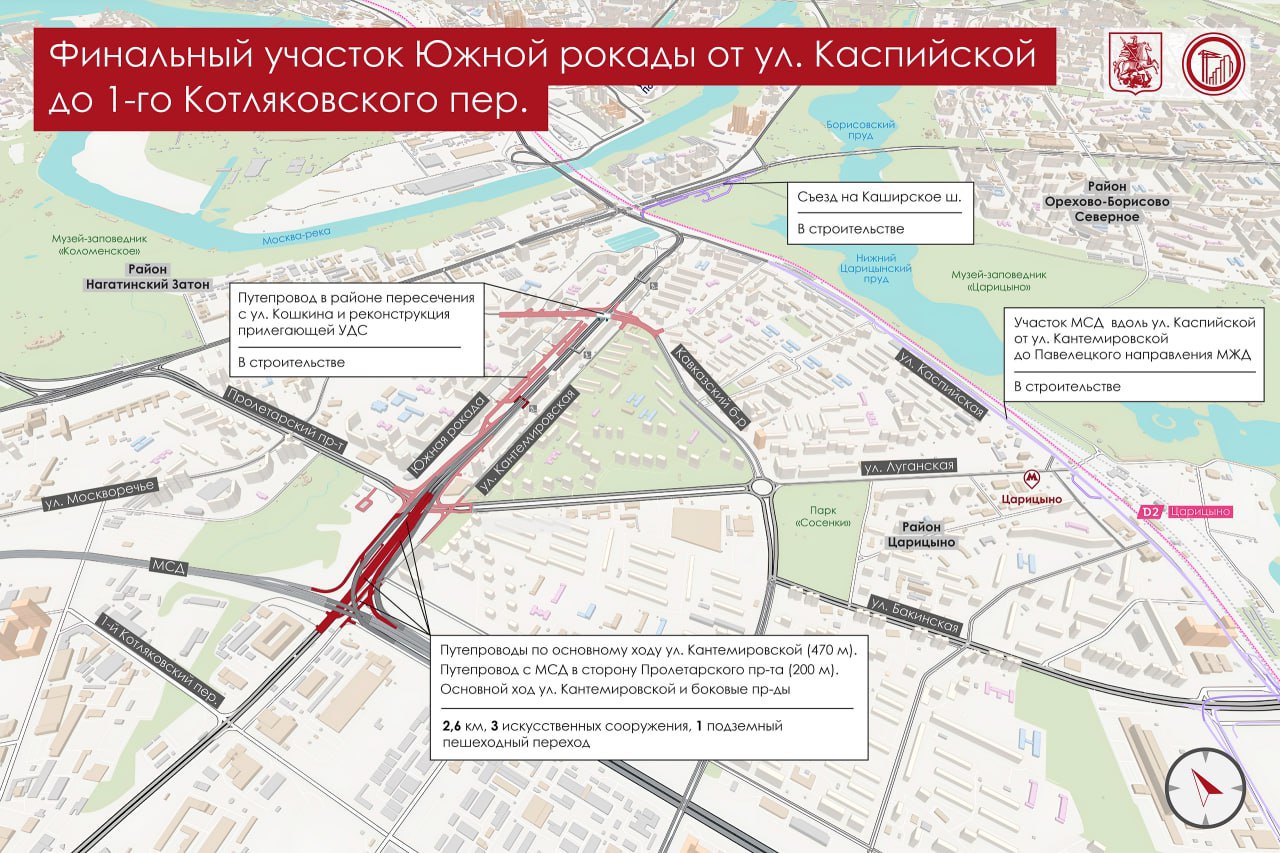 Сергей Собянин сообщил о завершении строительства прямого хода Южной рокады Также открыты путепроводы и пешеходный переход на её пересечении с Московским скоростным диаметром Запускаем очень ответственный важный участок Это последний участок Южной рокады который даёт прямой ход от Капотни до Рублёвки В целом 40 километров пути Соединяет четыре административных округа столицы улучшает движение в городе разгружает Третье транспортное кольцо и МКАД сказал мэр Как уточнили в пресс службе градоначальника в составе участка Южной рокады от Каспийской улицы до 1 го Котляковского переулка было построено 2 6 километра дорог Вдоль Кантемировской улицы обустроили боковые проезды реконструировали прилегающую улично дорожную сеть возвели подземный переход Новый участок улучшит транспортную доступность районов Москворечье Сабурово Царицыно и Чертаново Северное где живут 320 тысяч человек Подписаться на Говорит Москва Telegram VK MAX