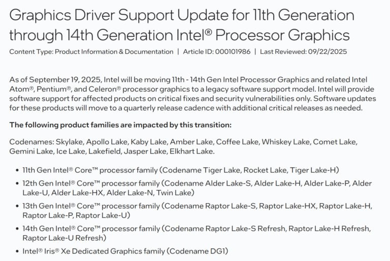 Intel решила поставить крест на встроенной графике в процессорах Core 11 14 го поколений Вместо регулярных апдейтов такие чипы теперь будут получать лишь квартальные патчи безопасности без быстрых оптимизаций под новые игры Под нож пошли Tiger Lake Rocket Lake Alder Lake Raptor Lake и даже дискретная Iris Xe DG1 В приоритете остались только свежие Arc Xe и Xe2 они продолжат получать драйверы с поддержкой игр в день релиза Иными словами Intel развела старую и новую графику по разным веткам поддержки