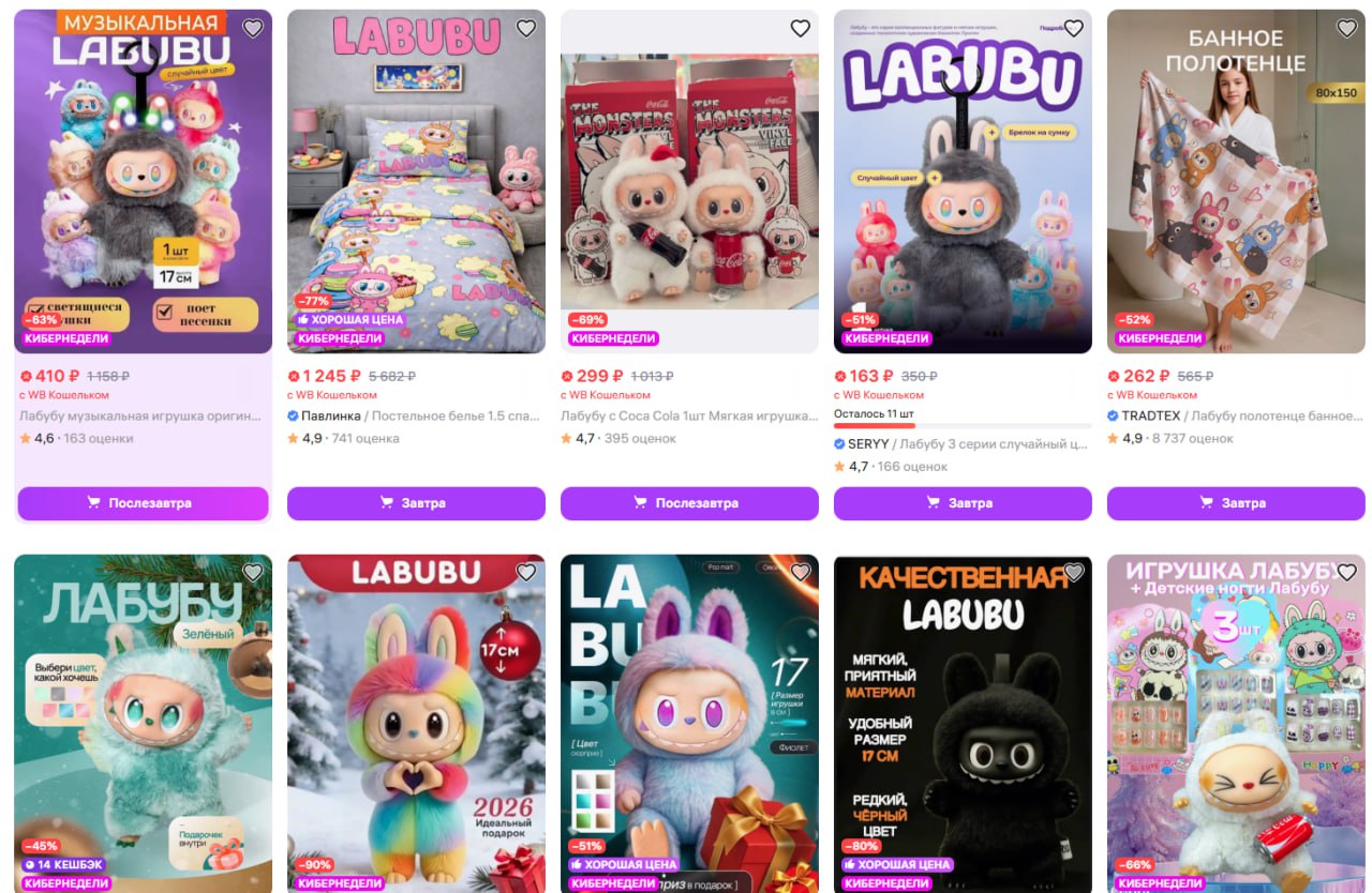 Лабубу как детская игрушка пережила пик хайпа и снова подросла к декабрю Продажи игрушек Лабубу на Wildberries в декабре 2025 года выросли вдвое после четырёхмесячного падения превысив 200 млн рублей Общий оборот за 2025 год составил 3 2 млрд рублей при почти 5 млн проданных фигурок Пик хайпа пришёлся на май рост на 4700 к апрелю после чего с июля начался спад прерванный лишь декабрьским всплеском как эффектом подарка За сентябрь ноябрь 2025 года продажи Лабубу ежемесячно сокращались примерно в 1 5 раза что делает декабрьский рост почти в 2 раза особенно контрастным хотя и сезонно объяснимым отмечают в РВБ Покупателям стоит относиться к таким трендам осознанно приобретать понравившуюся игрушку для себя а не в погоне за ажиотажной ценностью которая может быстро испариться