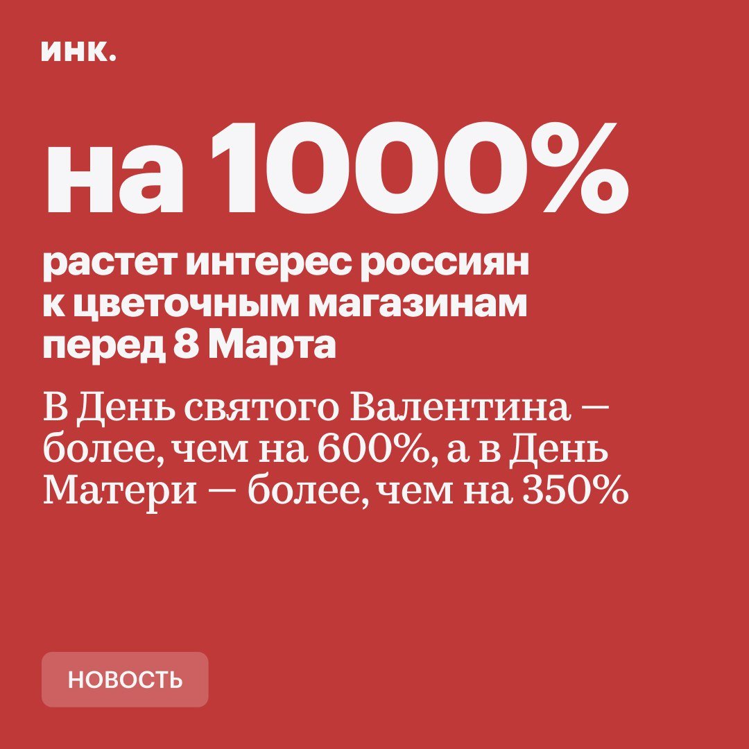 Реже всего россияне ищут цветочные магазины в апреле, на 20% реже, чем в среднем по году. Так, в 2024 году за этот месяц аналитики «Яндекс Карт» зарегистрировали всего 1,4 млн таких запросов.  Интересно, что интерес пользователей к цветочным магазинам растет вместе с количеством таких организаций. Сейчас на карте отмечены более 40 тыс. организаций из этой категории, что на 10% больше, чем в 2024 году. За последний год россияне искали их в «Картах» более 22,6 млн раз, что на 45% чаще, чем в 2023 году.    Читайте Инк. в Telegram