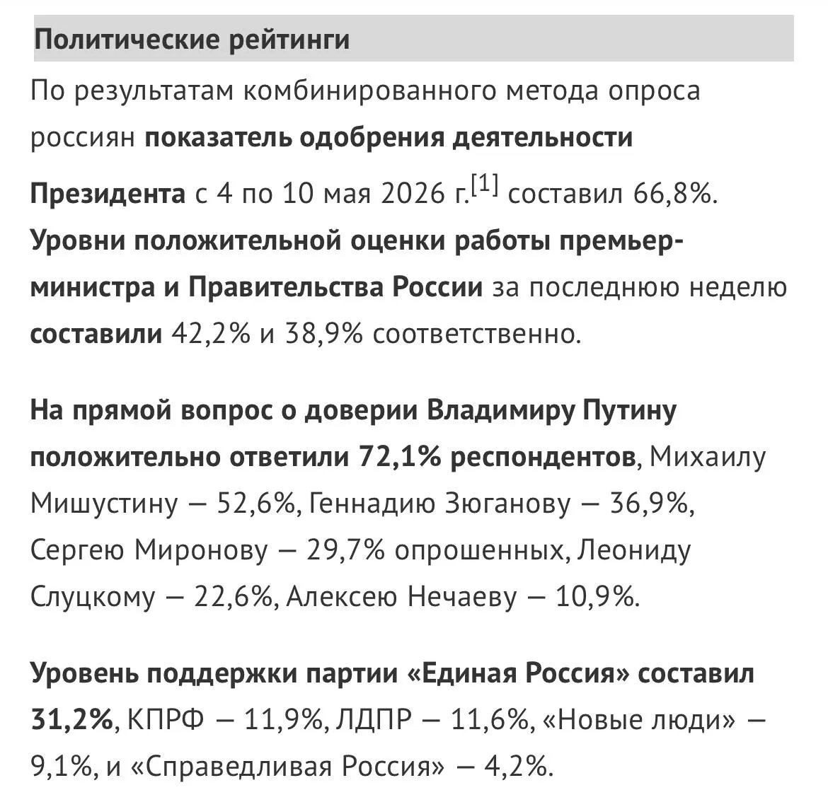 ВЦИОМ изменил методику измерения политических рейтингов Теперь сотрудники проводят не только телефонный опрос но и ходят по квартирам Это произошло на фоне снижения рейтинга Путина который фиксировался несколько недель подряд Директор по политическим исследованиям Аналитического центра ВЦИОМ Михаил Мамонов заявил что один только телефонный опрос уже не дает той полноты картины которая необходима для качественного электорального прогнозирования Он добавил что именно комбинированные опросы являются по настоящему необходимым ответом на внешние вызовы Для политической социологии это имеет особое значение Партийные рейтинги и электоральные предпочтения крайне чувствительные показатели и даже небольшой перекос в составе опрошенных способен повлиять на общую картину отметил Мамонов По его словам новый подход к опросу позволяет сделать выборку более полной и сбалансированной Согласно новому опросу деятельность Путина одобряют 66 8 респондентов также 72 1 респондентов ему доверяют До этого ВЦИОМ сообщил что к середине апреля рейтинг Путина дошел до 65 6 постепенно опускаясь с начала 2026 года в начале февраля он составлял 74 8