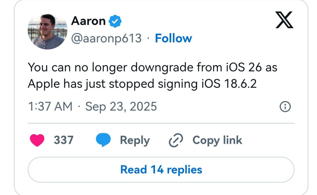 Apple перестала подписывать iOS 18 6 2 Откатиться с iOS 26 на эту версию больше нельзя Новости Apple Подписаться