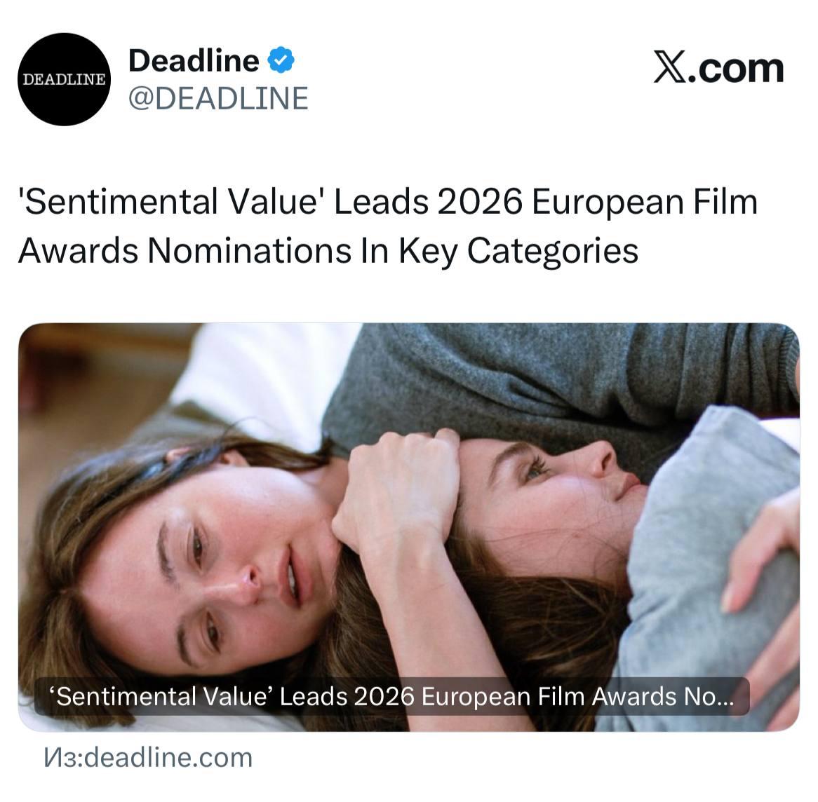 Европейская киноакадемия объявила номинантов на свою премию Лидер по количеству номинаций фильм Сентиментальная ценность Йоакима Триера взявший Гран при на Каннском кинофестивале Простая случайность иранского режиссера Джафара Панахи Золотая пальмовая ветвь этого года также представлена в ключевых категориях Лучший фильм Лучший режиссер и Лучший сценарий Церемония вручения премии European Film Award пройдет 17 января в Берлине