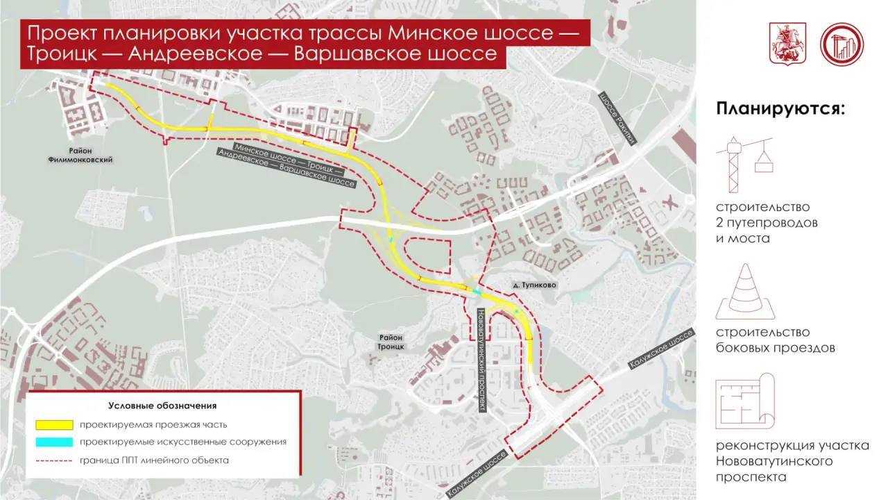 Собянин Утвердили проект планировки участка трассы Минское ш Троицк Андреевское Варшавское ш от ул Харлампиева в пос Марьино до Калужского ш Протяжённость участка рассчитанного на 3 полосы порядка 6 км На нём будет построено 2 путепровода и мост через Десну К набережной поведут лестничные сходы Реконструируем участок Нововатутинского просп Сделаем съезды и заезды с магистрали на Нововатутинский просп а также съезд заезд на 1 ю и 3 ю Нововатутинские ул Планируем построить элементы транспортной развязки на пересечении с планируемой магистралью Мамыри Пенино Шарапово со съездами в сторону шоссе Ракитки ул А Печерского деревни Кончеево и Калужского ш Будет реконструирована прилегающая улично дорожная сеть включая проектируемые проезды 8937 и 8064 Участок станет частью новой магистрали которая соединит Киевское ш магистрали Саларьево Московский Марьино и Мамыри Пенино Шарапово Калужское ш и Варшавское ш Андреевское Яковлево Завершение строительства 2029 г