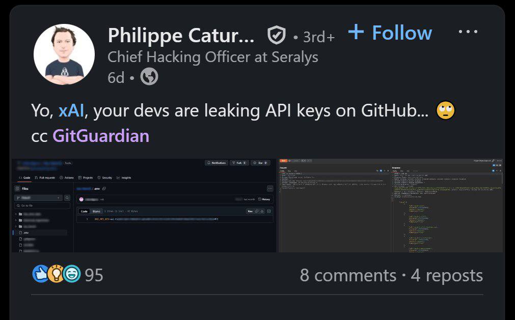 Коротко о безопасности в xAI - сотрудник компании Илона Маска случайно залил на GitHub закрытый API-ключ и он пролежал там целых 2 месяца. На протяжении всего этого времени любой желающий мог получить доступ к 60+ внутренним моделям xAI, включая невыпущенные версии Grok. P. S. Сейчас лавочку уже прикрыли: ключ оставался действующим лишь до 30 апреля.