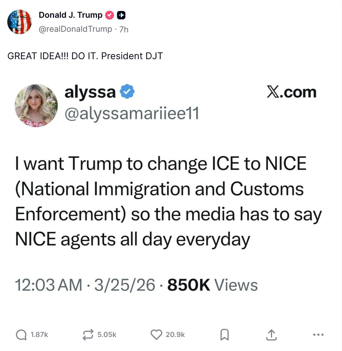 Дональд Трамп поддержал переименование ICE в NICE С идеей дополнить название Иммиграционной и таможенной полиции США словом национальная выступила одна из сторонниц господина Трампа Девушка написала сети X Я хочу чтобы Трамп поменял ICE на NICE National Immigration and Customs Enforcement чтобы медиа каждый день писали про милых агентов целыми днями Таким образом аббревиатура ведомства ICE лед в переводе на русский изменится на NICE приятная вежливая Дональд Трамп разместил призыв подписчицы у себя в соцсети Truth Social и подписал Отличная идея Надо сделать По опубликованным в середине апреля данным в 2025 финансовом году то есть за 12 месяцев с октября 2024 года по сентябрь 2025 года ICE депортировала более 442 тыс человек Это на 171 тыс больше чем в предыдущем финансовом году На данный момент под стражей в ICE находится почти 60 тыс мигрантов С начала 2026 года в центрах временного содержания или тюрьмах ICE умерли 17 мигрантов за весь 2025 год 33 заключенных Подписывайтесь на Ъ в Telegram в MAX Оставляйте бусты