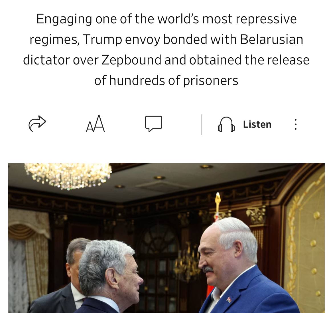 WSJ пишет что Лукашенко якобы заинтересовался средствами для похудения на переговорах с США о санкциях Во время недавнего ужина с Джоном Коулом белорусский президент заметил что его гость похудел с момента их последней встречи в апреле Спецпосланник США ответил что использует препарат Zepbound а затем передал Лукашенко брошюру от производителя компании Eli Lilly По данным издания он решил поискать способ организовать поставку лекарства для Лукашенко На встрече обсуждалось снятие санкций с некоторых белорусских компаний в обмен на освобождение заключенных Лукашенко угощал американца водкой Как пишет WSJ президент Белоруссии так часто тостовал что Коулу несмотря на то что он умеет пить пришлось незаметно выливать стопки когда собеседник отворачивался Такая вот комедия И гениальная нативка