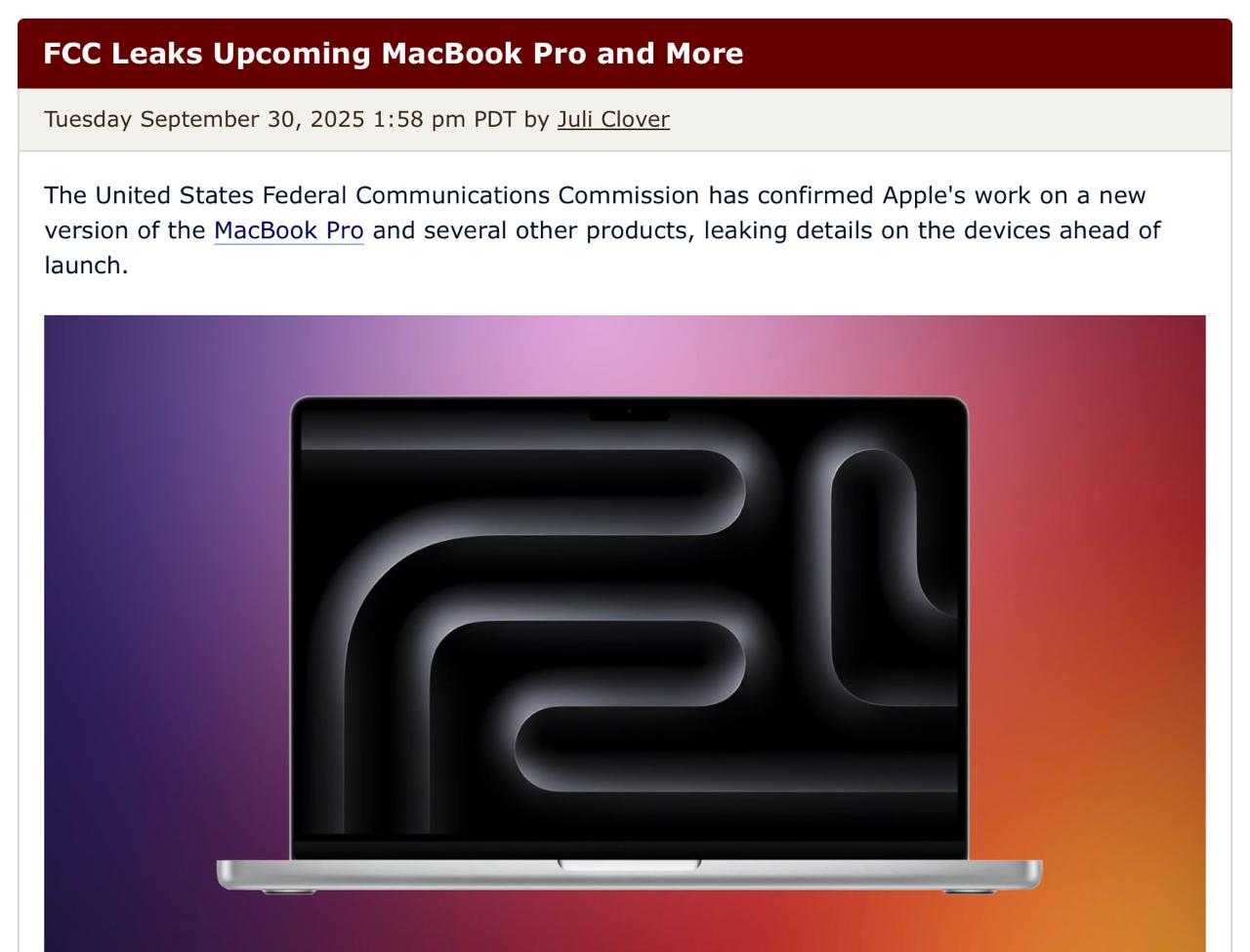 Новый MacBook Pro может выйти уже в ближайшие недели Федеральная комиссия по связи США FCC опубликовала документы с новыми моделями Обычно Apple подает документы в FCC незадолго до анонса Если собирались обновить MacBook лучше пока подождать Помимо ноутбуков собираются представить свежие iPad Pro с чипом M5 и поддержкой стандарта Wi Fi 7