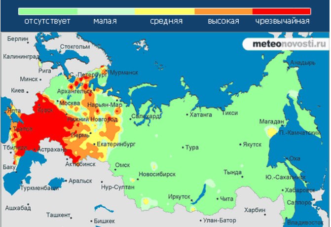 Необычно  теплый и сухой сентябрь выдался на большей части Европейской России. И если севернее 55 параллели дожди время от времени  выпадали, то южнее стоит настоящая летняя сушь. Власть антициклонов сказалась  на степени пожарной опасности. На карте видно, что  за исключением  черноморского побережья,  она достигла стадии чрезвычайной. Дефицит летней влаги сохранился и в первый  месяц осени. Сложная обстановка сложилась в Черноземье. Так в Воронежской области последний дождь был в начале августа.