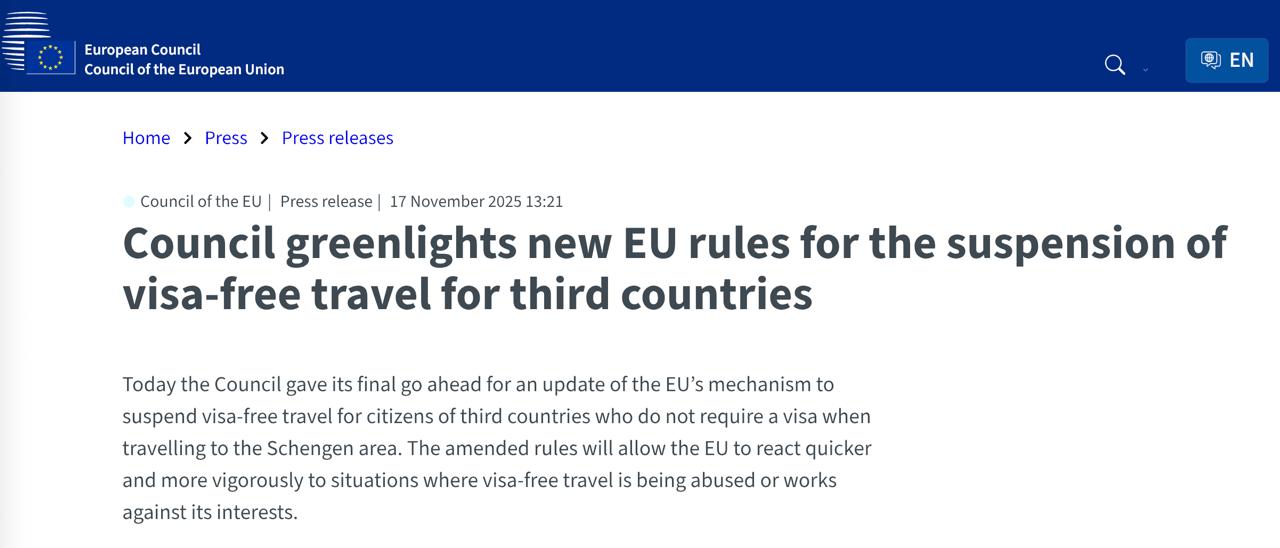 Совет ЕС окончательно утвердил новые правила по приостановлению безвиза для третьих стран Новый механизм может применяться когда безвизовый режим используется не по назначению или противоречит интересам ЕС Для этого вводятся новые основания Например если такая страна предоставляет гражданство инвесторам не имеющим с ней реальной связи Или в случае нарушения прав человека Теперь нужно меньше таких нарушений чтобы были введены ограничения срок первоначальной приостановки безвиза увеличили с 9 до 12 месяцев а последующей с 18 до 24 Но вторая фаза теперь не будет распространяться на всех граждан страны Вместо этого ЕС может продолжить применять санкции только к чиновникам и дипломатам Сайт Страна X Twitter Прислать новость фото видео Реклама на канале Помощь