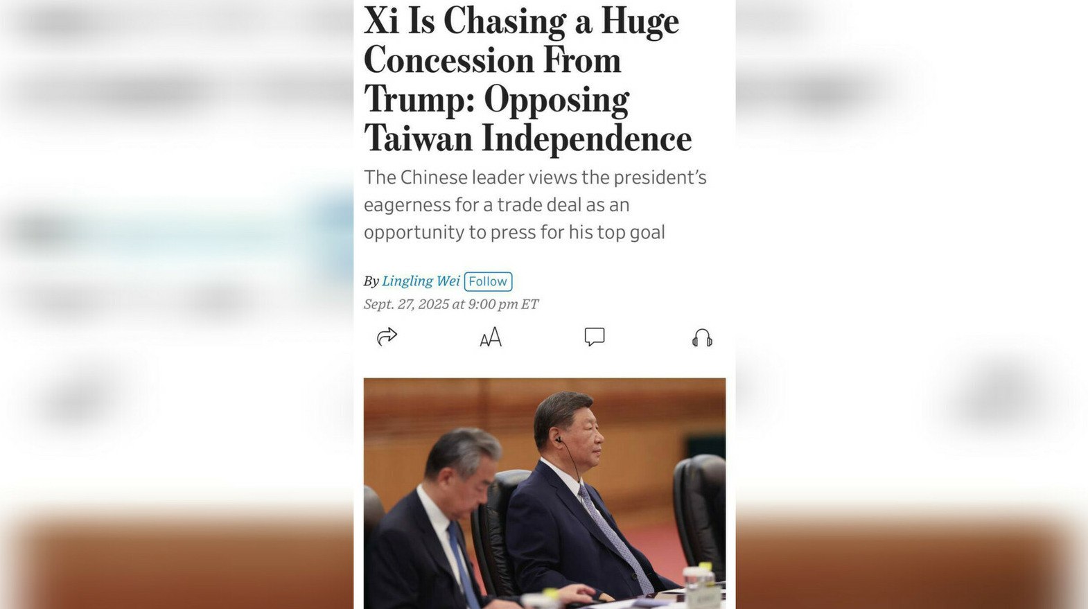 WSJ Си Цзиньпин требует от Трампа отказаться от поддержки Тайваня Председатель КНР Си Цзиньпин требует от президента США Дональда Трампа официально заявить о несогласии с независимостью Тайваня как условие торговой сделки между странами Об этом сообщает The Wall Street Journal со ссылкой на источники передает ArbatMedia По данным издания китайский лидер намерен использовать переговоры о торговом соглашении как инструмент давления на Вашингтон Источники уточняют что Си требует от Трампа прямого заявления о том что США выступают против независимости Тайваня Ранее Пекин устраивала позиция США при Джо Байдене когда Вашингтон не поддерживал независимость острова но и не делал официальных заявлений Теперь по словам собеседников WSJ Си добивается именно формального отказа от поддержки Тайваня Встреча Дональда Трампа и Си Цзиньпина может пройти на полях саммита АТЭС в Южной Корее который откроется 31 октября 2025 года Прислать новость