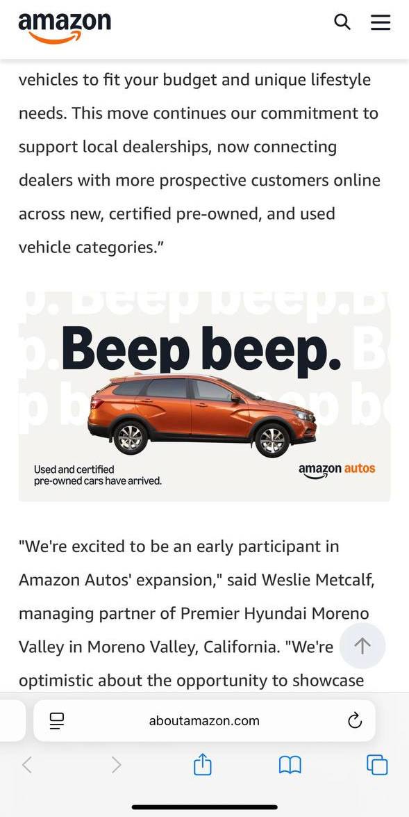 Amazon использовал в рекламе Lada Vesta SW Cross. На баннере отечественный универсал, как машина попала в рекламу - непонятно, в США такие машины никогда официально не продавались. Директор АвтоВаза засмущался от гордости. Батькович. Подписаться