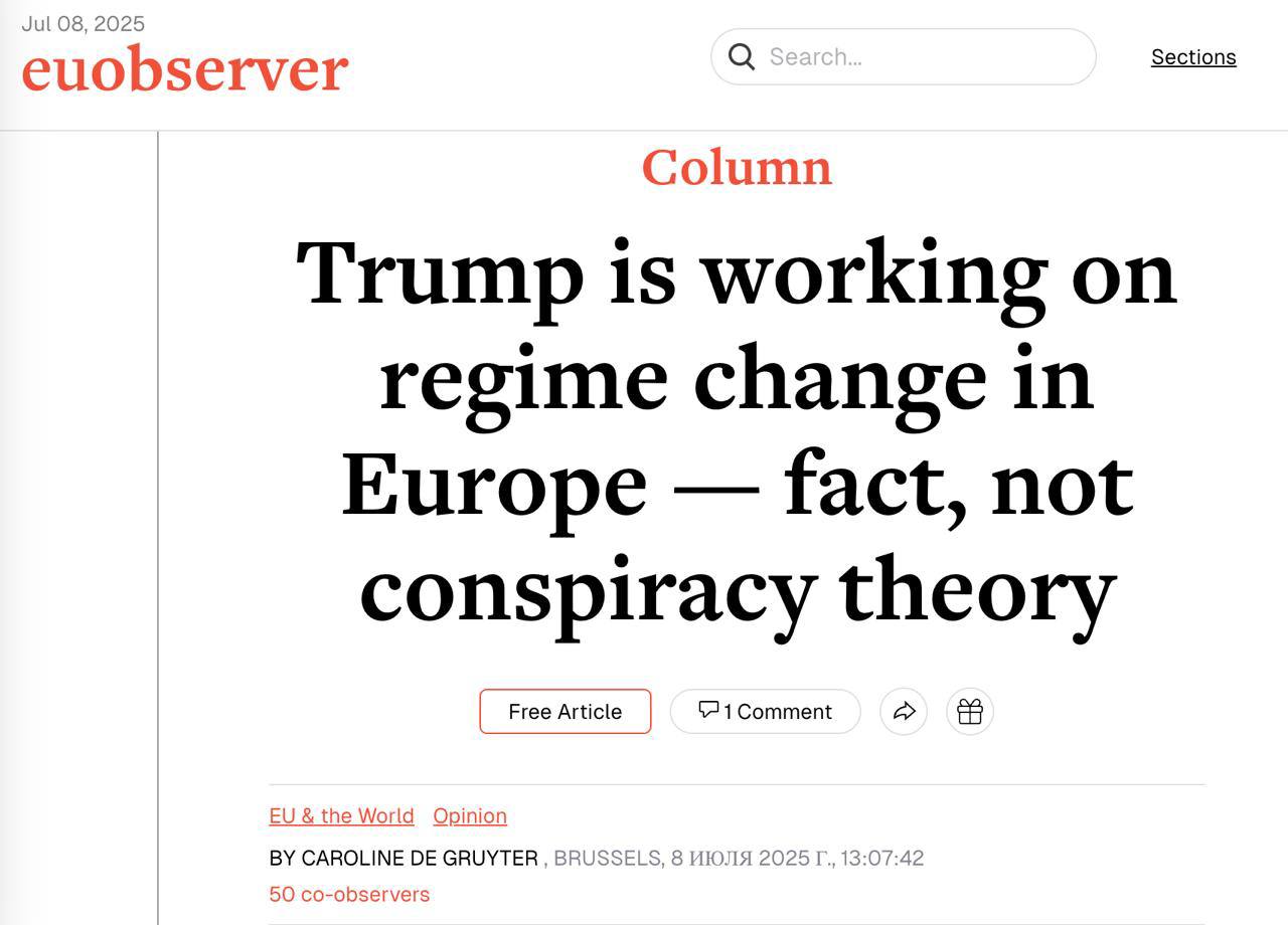 EUObserver: Трамп хочет «превратить Европу в вассала США» Как пишет издание, администрация Трампа готовится к «смене режимов» в странах ЕС с использованием крайне правых партий, которые «превратят Европу в вассала США» в битве против Китая. Утверждается, что линия данной политики прослеживается в документе «Необходимость цивилизованных союзников в Европе». «Постепенный отказ Европы от демократических ценностей подрывает безопасность Америки, а также ее экономические интересы и свободу слова. Поэтому для США пришло время действовать: крайне правые силы в Европе должны трансформировать политическую систему Европы, чтобы Вашингтон смог сформировать альянс цивилизаций с христианскими нациями, подобными Венгрии», — приводит издание отрывок из документа Госдепа.