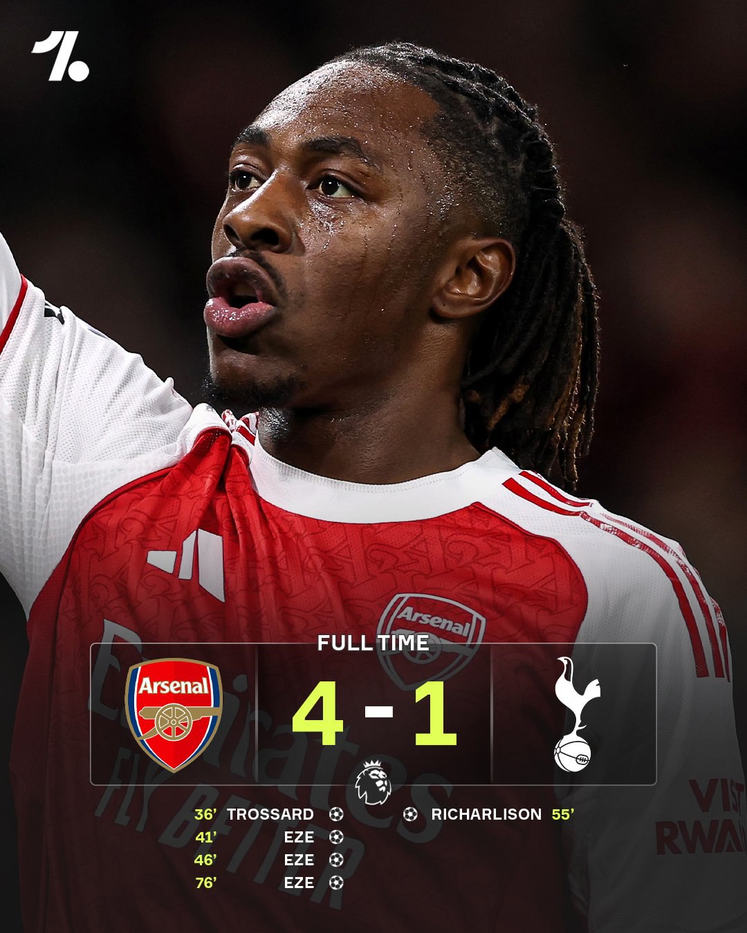 Хет трик Эзе принес Арсеналу разгромную победу в дерби с Тоттенхэмом