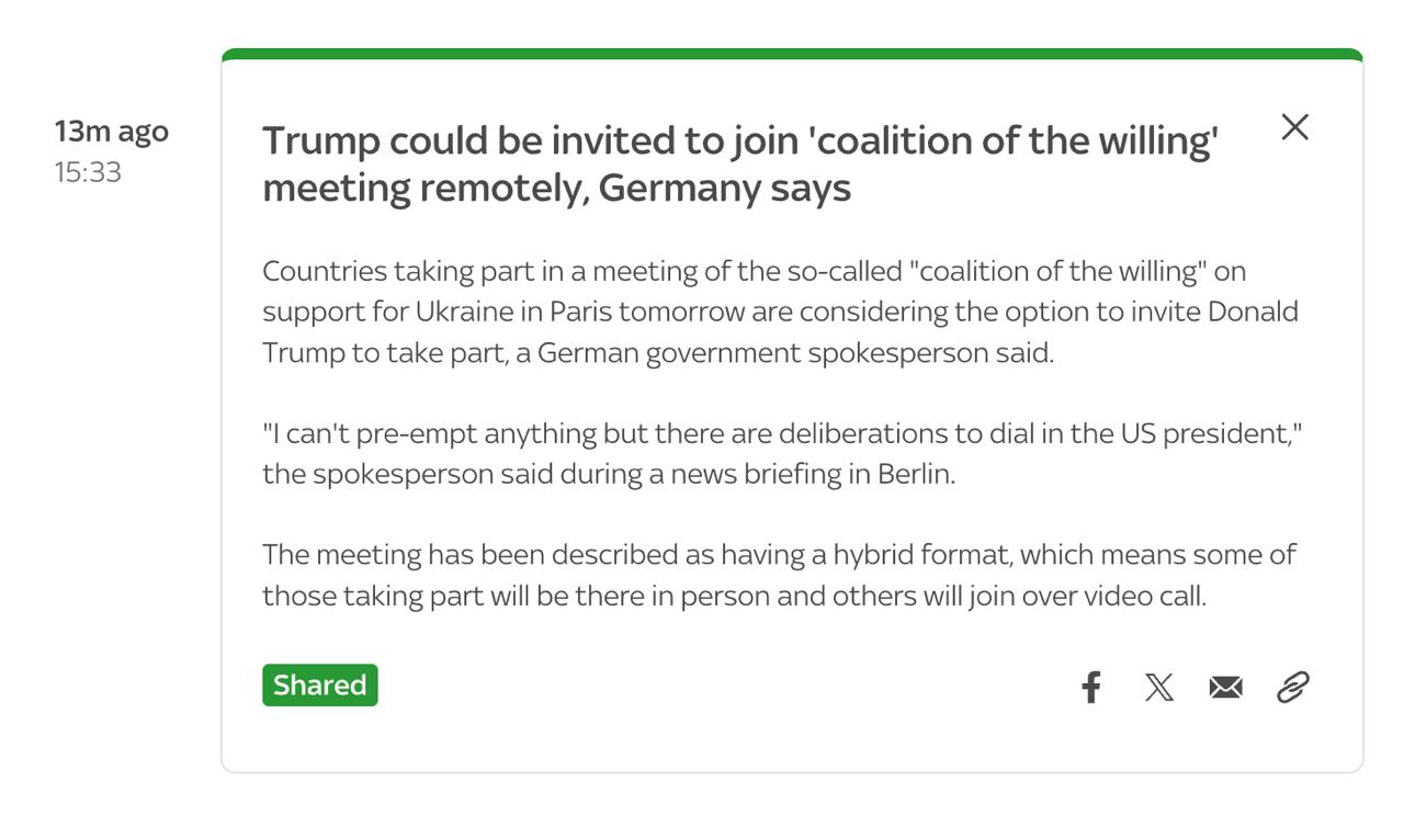 Коалиция желающих пытается убедить Трампа присоединиться онлайн к своему завтрашнему заседанию с участием Зеленского Об этом сообщил представитель Минобороны ФРГ передает Sky News Я не могу ничего предсказать но ведутся переговоры о приглашении президента США сказал чиновник Сайт Страна X Twitter Прислать новость фото видео Реклама на канале Помощь