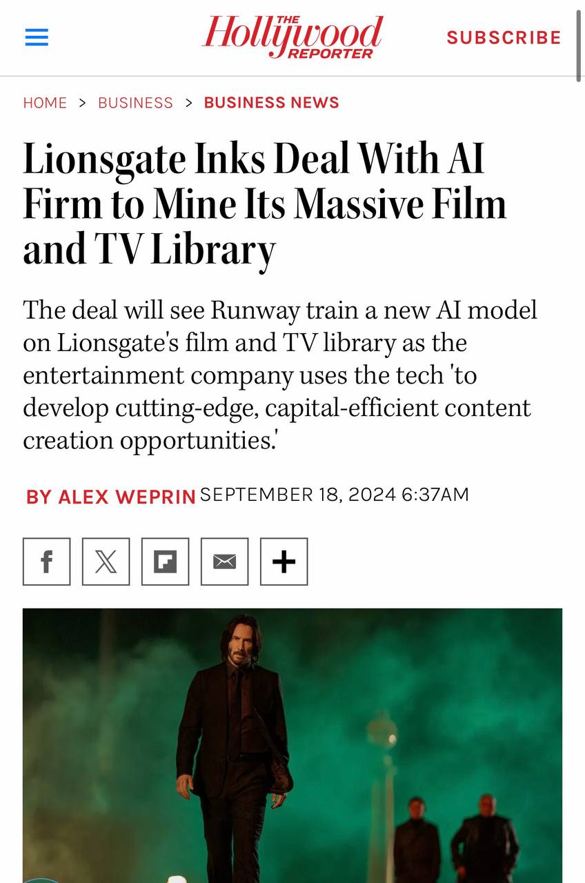 Исторический день: голливудская студия Lionsgate заключила партнерство с Runway, чтобы создать новую генеративную модель ИИ на базе своих франшиз.   Студия, в частности, владеет правами на «Джона Уика» и «Голодные игры».  Гильермо дель Торо: генеративный ИИ не лучше скрин сэйверов  Lionsgate: ну, как скажешь