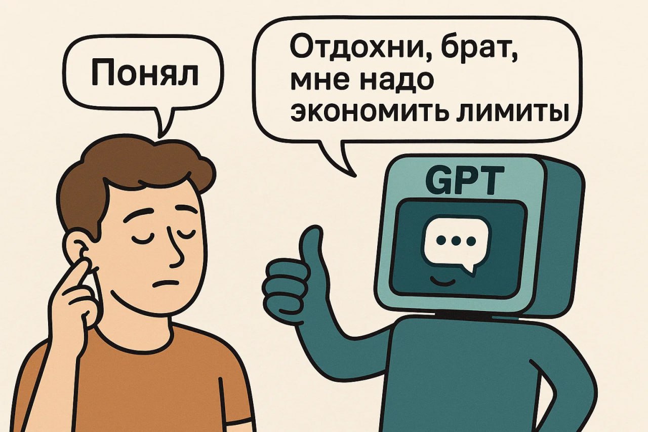 Давайте посмотрим, что там OpenAI опять выкатили... Короче, ситуация такая — теперь ChatGPT будет просить вас сделать перерыв. OpenAI запустили новую фичу и якобы заботятся о том, чтобы мы не залипали в чате часами. Если слишком долго общаетесь с ботом, он теперь деликатно намекнёт, что пора бы и отдохнуть. Потрогать траву там, или даже — представьте себе — пообщаться с живыми людьми. Вот только что-то мне подсказывает, что вся эта "забота о пользователях" — немного лукавство. Реально думаю, что делается это специально, чтобы снизить нагрузку на их сервера. А то мы тут болтаем с GPT целыми днями и жрём ресурсы как не в себя. Как по мне, фича так себе — больше думает о серверах OpenAI, чем о нас с вами. Но посмотрим, насколько сильно урежут лимиты под соусом "заботы о здоровье". Фичу уже начали раскатывать для всех пользователей, так что скоро все попробуем на себе. Вы что думаете?