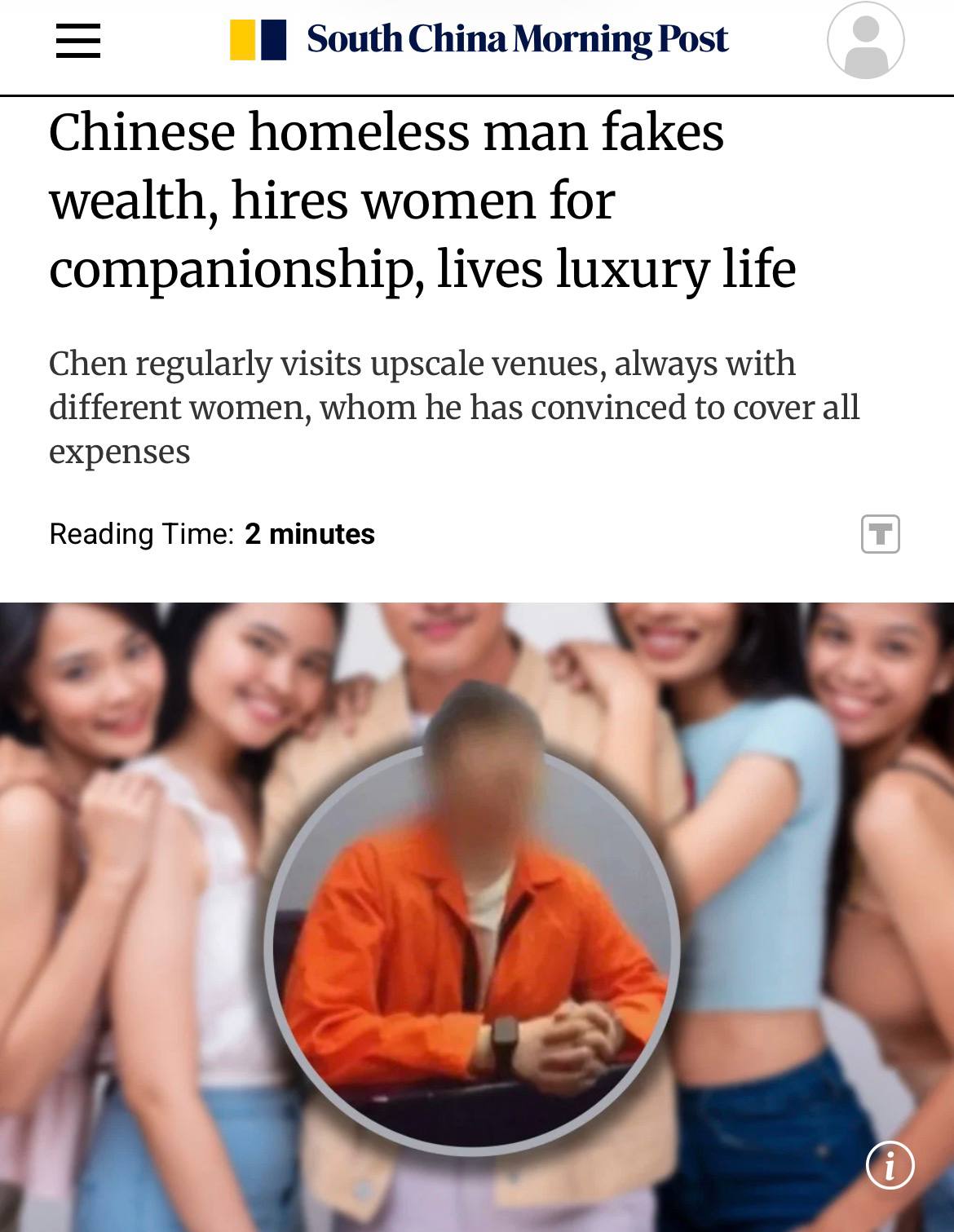 Бездомный китаец притворился миллионером и больше недели жил за счёт элитных эскортниц Гений нанял пятерых девушек и пообещал щедро заплатить после того как они будут сопровождать его в ресторанах и других местах В итоге он просто ел и тусил за их счёт 10 дней после чего эскортницы вызвали полицию Теперь бездомному который пустился во все тяжкие грозит наказание за мошенничество А мог бы просто сказать что айтишник techmedia