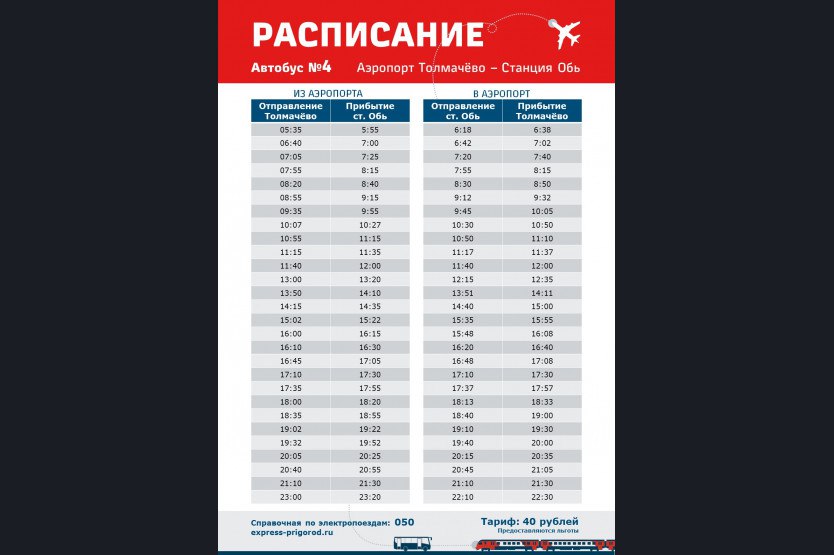 По поручению главы региона с 9 июня начнёт работать автобусный маршрут между аэропортом Толмачево и станцией Обь Маршрут №4 ежедневно будет курсировать между железнодорожной станцией Обь западного направления электропоездов и аэропортом Толмачево. В министерстве транспорта и дорожного хозяйства Новосибирской области отметили, что маршрут, запущенный по поручению губернатора Андрея Травникова, позволит распределить пассажирские потоки и перенести их часть на железнодорожный транспорт. Комбинированная схема перевозки «электропоезд+автобус» позволяет пассажирам комфортно, минуя пробки, точно по расписанию добираться из Новосибирска, а также Татарского, Чановского, Барабинского, Куйбышевского и других районов Новосибирской области с пересадкой на станции Обь в аэропорт Толмачево. Расписание муниципального маршрута согласовано с расписанием всех пригородных поездов, проходящих через железнодорожную станцию Обь. Для пассажиров, ожидающих поезда дальнего следования, зал ожидания вокзала на станции Обь работает круглосуточно.