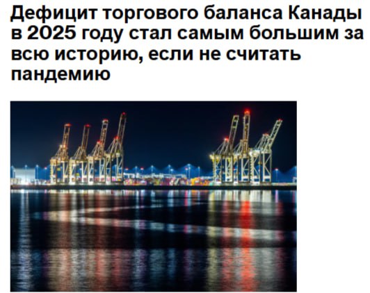 Дефицит торгового баланса Канады в прошлом году увеличился до 31 3 млрд канадских долларов что стало самым большим годовым дефицитом за всю историю если не считать пандемии Covid 19 Это произошло из за того что тарифы США ударили по ключевым экспортным секторам По данным Статистического управления Канады в прошлом году годовой объем экспорта сократился на 0 2 при этом экспорт в США сократился на 5 8 Резкий рост цен на золото скрыл истинный ущерб от торговой войны В прошлом году канадский экспорт необработанных металлов платиновой группы а также золота серебра и их сплавов увеличился на целых 41 7 Без учета этой категории экспорт сократился на 3 Ежегодные данные о международных поставках товаров показывают как тарифы президента Дональда Трампа нарушили важнейшие торговые связи Канады нанеся ущерб экспортерам и вынудив некоторых из них искать альтернативные рынки сбыта Канадский импорт из США сократился на 2 9 В целом положительное сальдо торгового баланса Канады с южным соседом сократилось до 81 6 млрд канадских долларов в 2025 году по сравнению со 101 3 годом ранее jkinvest news jkinvest