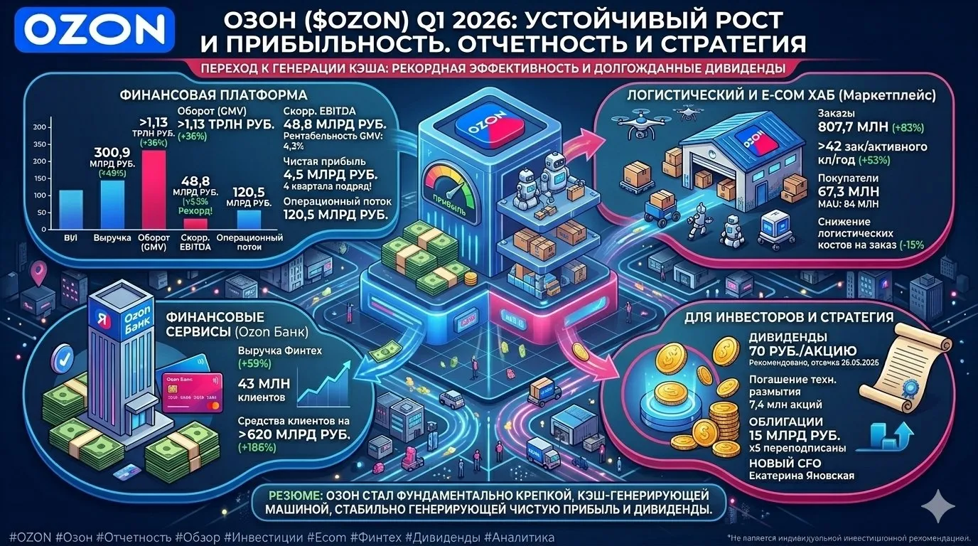 OZON Озон Отчетность Обзор Инвестиции Ecom Финтех Дивиденды Аналитика Озон OZON Рекордная маржинальность долгожданные дивиденды и мощный Финтех Разбираем уверенный старт 2026 года Свежий отчет Озон за первый квартал 2026 года окончательно подтверждает смену парадигмы компания успешно перешла от агрессивного масштабирования любой ценой к стабильной и эффективной генерации прибыли Маркетплейс показывает рекордную рентабельность Финтех растет впечатляющими темпами а акционеры готовятся к первым выплатам Давайте соберем этот пазл воедино и посмотрим на ключевые драйверы бизнеса Фундаментальная картина Эффективность и выход в уверенный плюс Финансовые результаты демонстрируют великолепную динамику и грамотный контроль над расходами Выручка группы увеличилась на 49 год к году и достигла 300 9 млрд руб а оборот GMV прибавил 36 превысив 1 13 трлн руб Но самое главное достижение кроется в маржинальности   Скорректированная EBITDA взлетела на 16 4 млрд руб до 48 8 млрд руб Рентабельность EBITDA от оборота достигла рекордных 4 3   Чистая прибыль составила 4 5 млрд руб против убытка в 7 9 млрд руб годом ранее Это уже четвертый прибыльный квартал подряд и менеджмент уверенно планирует остаться в чистом плюсе по итогам всего 2026 года   Операционный денежный поток вырос на колоссальные 88 млрд руб достигнув 120 5 млрд руб что дает компании огромный запас прочности E commerce Ускорение и тотальный захват аудитории Базовый бизнес маркетплейса работает как часы Количество заказов показывает ускоренный рост третий квартал подряд взлетев на 83 до 807 7 млн Компания сделала абсолютно верную стратегическую ставку на товары повседневного спроса что подкинуло частотность покупок на 53 теперь активный клиент делает более 42 заказов в год База покупателей расширилась до 67 3 млн человек а ежемесячный охват MAU достиг 84 млн пользователей что закрепляет безусловное лидерство на рынке РФ Финтех Главный локомотив экосистемы Ozon Банк продолжает оставаться важнейшим магнитом для лояльности клиентов и скрытым драйвером роста Выручка сегмента Финтех взлетела на 59 до 58 9 млрд руб а база активных клиентов достигла 43 млн человек Важнейший показатель доверия средства клиентов на счетах выросли на 186 год к году превысив 620 млрд руб Этот гигантский капитал позволяет активно развивать кредитный бизнес и генерировать отличную маржу при эффективном управлении операционными расходами Дивиденды облигации и прозрачное управление Компания не только зарабатывает но и делится успехом с инвесторами Совет директоров рекомендовал дивиденды в размере 70 рублей на акцию отсечка 26 мая 2026 года Параллельно Озон успешно разместил дебютные облигации с плавающим купоном на 15 млрд руб Спрос был феноменальным книгу заявок переподписали более чем в пять раз Важный нюанс для акционеров временное техническое размытие от мотивационной программы эмиссия 7 4 млн акций будет полностью устранено их погашением до конца 2 квартала так что давления на котировки с этой стороны можно не опасаться Также отметим плавную передачу дел в финансовом блоке новым CFO назначена Екатерина Яновская давно выстраивавшая ключевые процессы внутри компании Резюме Бизнес Озона окончательно превратился в фундаментально крепкую генерирующую кэш машину Грамотная автоматизация логистики снизила себестоимость услуг на заказ на 15 Финтех работает на максимальных оборотах а чистая прибыль становится новой нормой В совокупности с дивидендами и понятной стратегией развития бумага OZON остается одной из самых сильных историй роста и эффективности на нашем рынке в 2026 году Не является индивидуальной инвестиционной рекомендацией