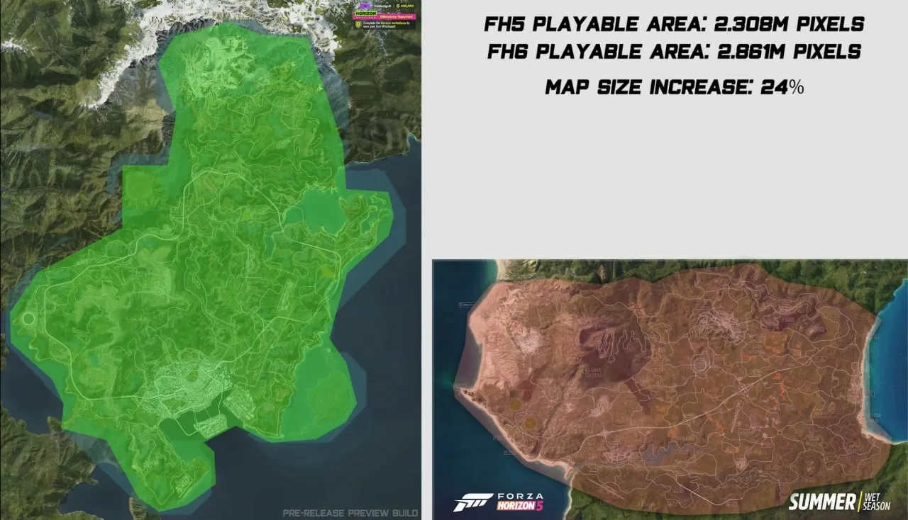 Карта Forza Horizon 6 оказалась заметно больше чем в предыдущей части Разработчики новой части гоночной франшизы Forza Horizon давно заявляли что карта в готовящейся к релизу игре порадует масштабом Ютубер HokiHoshi решил выяснить так ли это и провел самостоятельный анализ сравнив Forza Horizon 6 с предыдущей игрой Выяснилось что японская локация в шестой части примерно на 25 больше чем мексиканская в пятой При этом пространство организовано куда плотнее в предыдущей игре карта местами ощущалась пустоватой Напомним что Forza Horizon 6 выходит 19 мая на PC а также Xbox Series X S Кинопоиск Игры