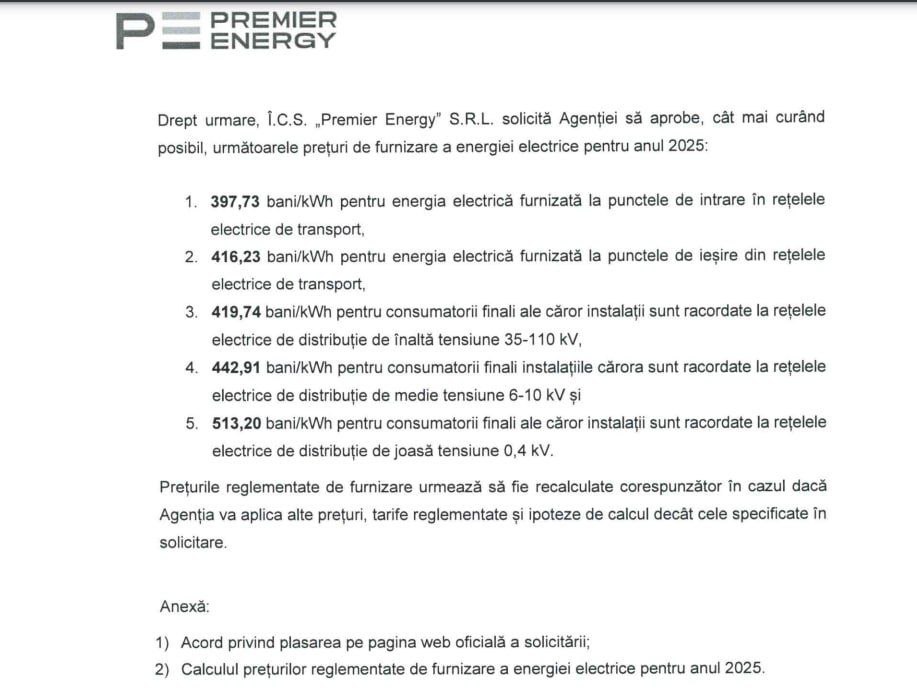 Premier Energy планирует повысить тариф на электроэнергию с 2,34 до 5,13 леев/кВтч.  Запрос уже направлен в НАРЭ, и, согласно постановлению КЧС, новый тариф может вступить в силу через 5 дней.    Кишинев Live. Подписаться