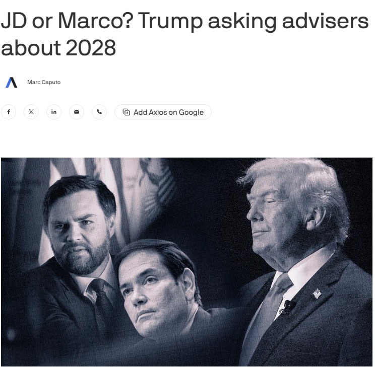 Марко Рубио и Джей Ди Вэнс могут стать потенциальными преемниками Дональда Трампа пишет Axios со ссылкой на источники По их словам разговоры об этом стали чаще Все пять собеседников поделившихся содержанием бесед с Трампом предупредили что частая похвала президентом Рубио не связана с охлаждением Трампа к Вэнсу Мечта президента на 2028 год это тандем Вэнс Рубио и чтобы было ясно Вэнс во главе Но был бы Трамп доволен тандемом Рубио Вэнс Безусловно сказал советник президента Как пишет портал у Вэнса есть политические советники которые составят костяк его президентской кампании если он будет баллотироваться на пост президента в 2028 году Однако у Рубио такой инфраструктуры нет но он говорил что поддержит кандидатуру Вэнса Если Джей Ди Вэнс будет баллотироваться в президенты он станет нашим кандидатом и я буду одним из первых кто его поддержит сказал Рубио в интервью в 2025 году Сайт Страна X Twitter Прислать новость фото видео Реклама на канале Помощь