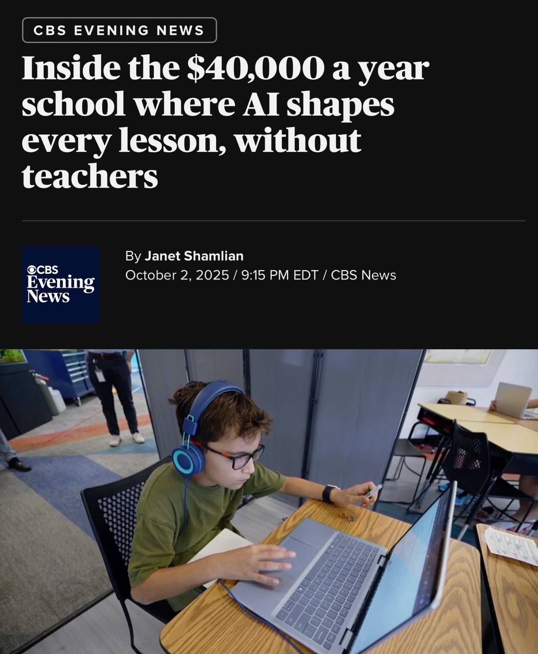 Всех учителей заменили на ИИ в техасской школе Alpha School Нейронки ведут уроки и адаптируются конкретно под каждого ученика Кроме базовых знаний детям дают уроки финансовой грамотности и прокачивают софт скиллы Учиться и делать домашку можно в своем темпе Живых педагогов оставили просто как кураторов Год обучения в Alpha School стоит 40 тыс За такие деньги школьников обещают вывести в топ 1 по результатам экзаменов