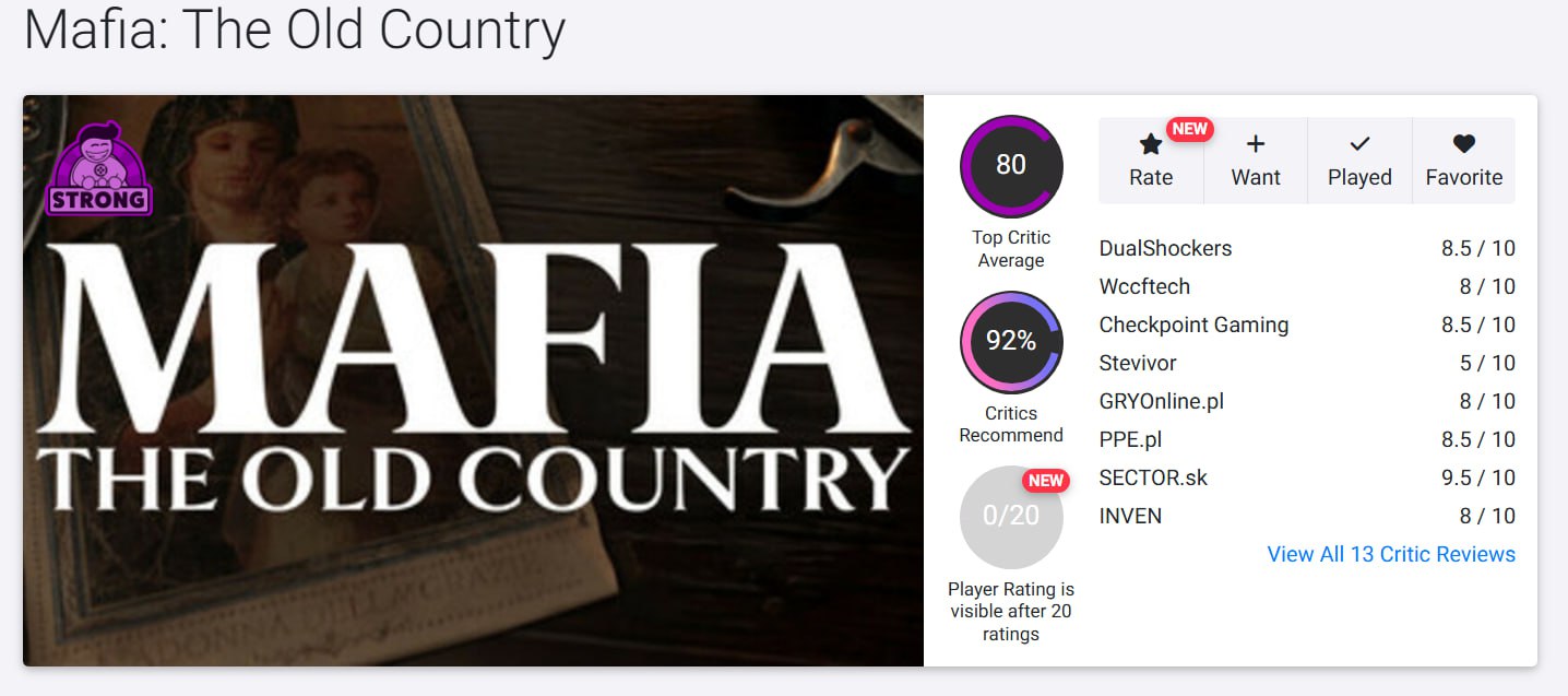 Первые оценки Mafia: The Old Country — 80 баллов  Критики хвалят новую «Мафию» и сравнивают её с ремейком первой части, отмечая необычный сеттинг Сицилии начала XX века, интересную криминальную историю и кинематографичность.  Среди минусов — рудиментарный геймплей и обилие клише из фильмов и сериалов про мафию.   Многим крупным изданиям не предоставили копию игры заранее, поэтому общий балл может сильно измениться через пару дней.   Релиз Mafia: The Old Country состоится вечером 7 августа на ПК, PS5 и Xbox Series. Игра выйдет с русской и даже сицилийской озвучкой.    Чемп.Play